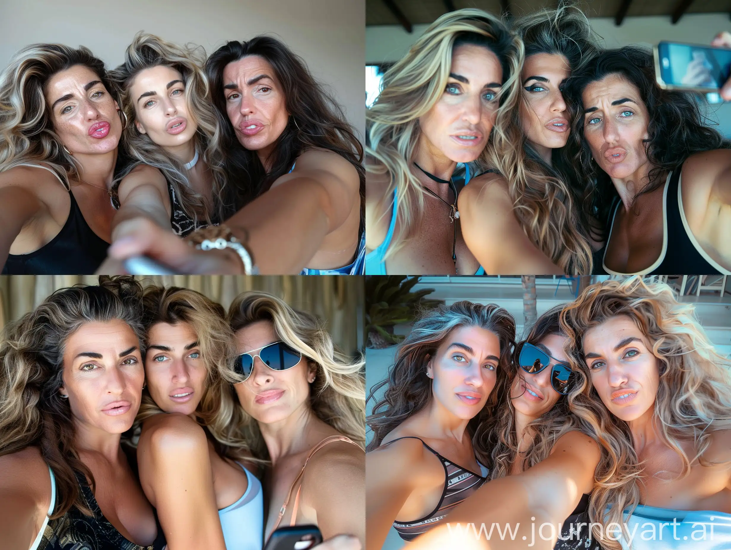 Three super model women, young, gorgeous, taking selfie together