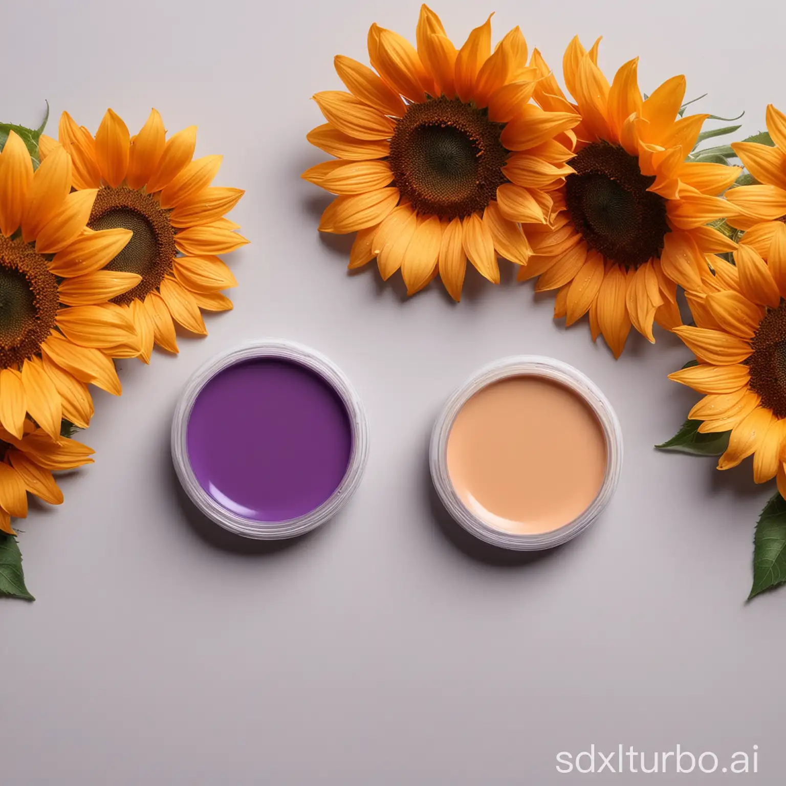A composition of different shades and textures of makeup, with one stroke of liquid foundation in light beige on the left side, next to it is an orange sunflower, and purple paint in between them, on white background, photorealistic techniques, bright colors, flat lay photography, macro photography, hyper realistic, high resolution, high detail, closeup