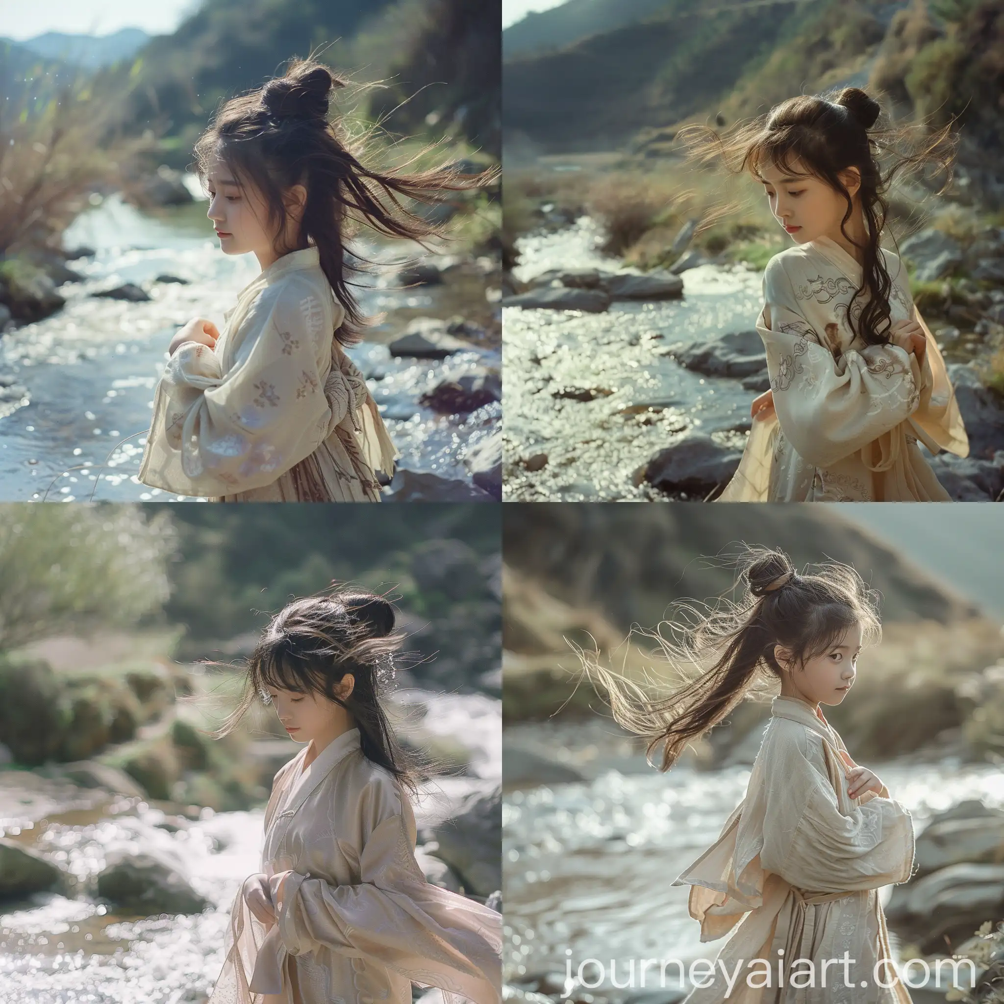 A young Chinese girl, about 20 years old, looks sweet and moving. She is dressed in traditional Hanfu, with a messy ponytail fluttering in the wind. She is standing by a mountain stream, surrounded by a graceful and beautiful landscape. The stream is babbling and flowing, and the transparent stream shines a little in the sun. She stands on the rocks by the stream, her hands gently folded her robe, and she looks calm and peaceful. The whole scene gives a serene and leisurely freehand temperament, but also reveals a bit of hazy poetic oriental charm. The picture creates a warm and tranquil atmosphere through soft light and tones, presenting a cinematic realistic style.
