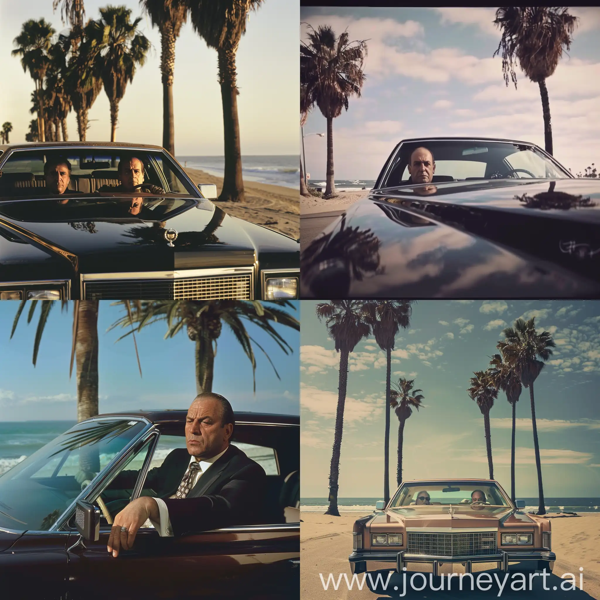 Tony Sopranos  drives cadillac in California near the beach and palms