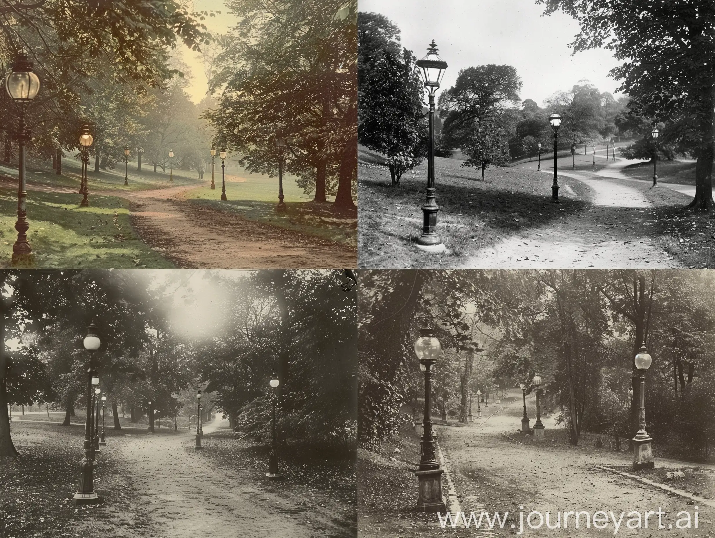 английский парк 19 века с фонарными столбами