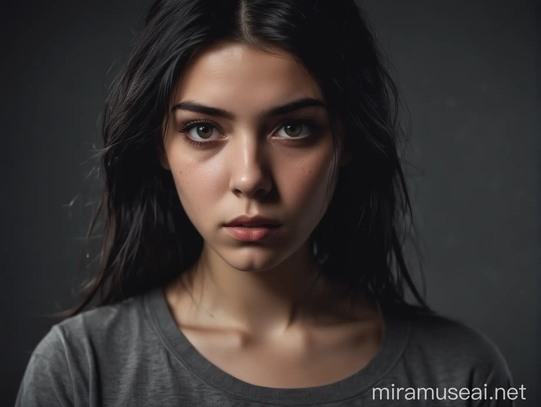 Portrait of a Serious Girl with Dark Hair in Cinematic Style