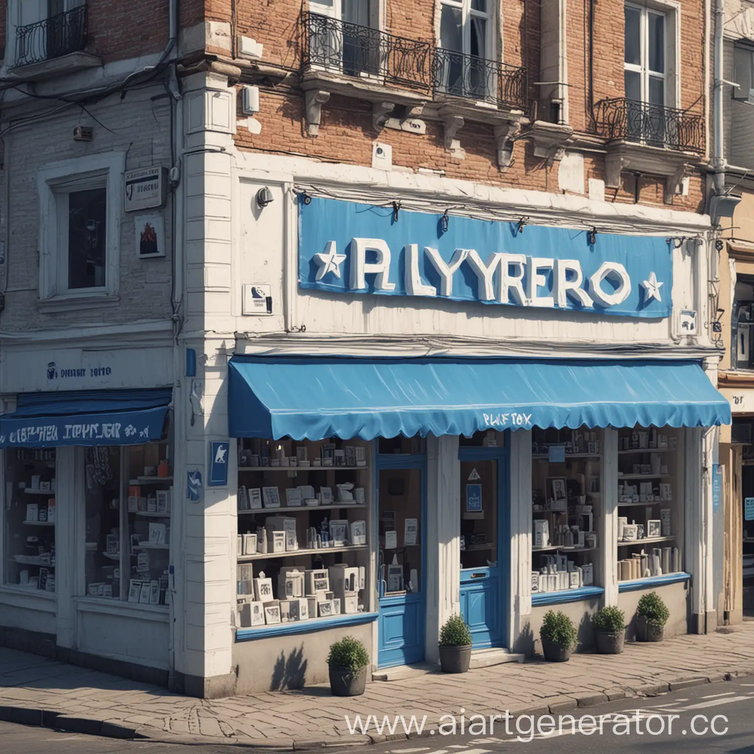 Нарисуй магазин "Playerok", сине белый стиль магазина с множеством покупателей и отзывов 