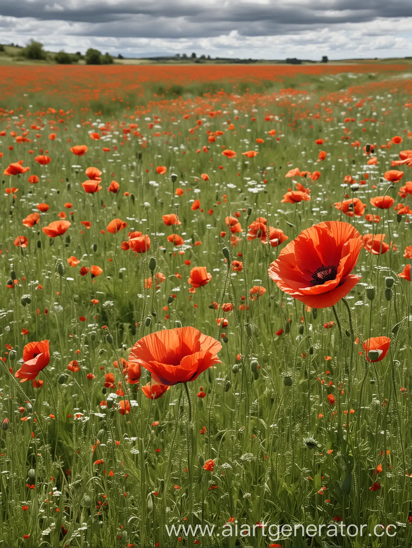 Create a rectangular image measuring 1300mm in height and 3500mm in length to maintain the proportions of the design. This image will be printed on the trailer's tarp.  Background: White Bottom section: Design a strip one-third of the total image height Illustration of grass, wildflowers, and red poppies swaying in the wind Blades of grass and poppies bending sideways due to strong wind