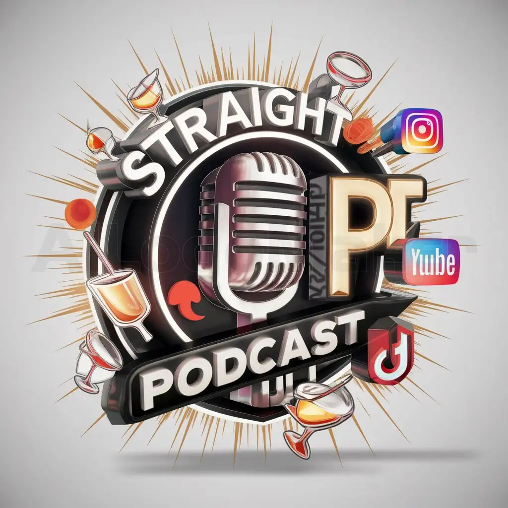 a logo design,with the text "Straight Up", main symbol:Design a 3D logo, WITH A MICROPHONE that embodies the spirit of a podcast, vibrant and imaginative, adorned with voice symbols and drink glasses and social media, instagram, X, youtube, TikTok logos.,complex,be used in Entertainment industry,clear background