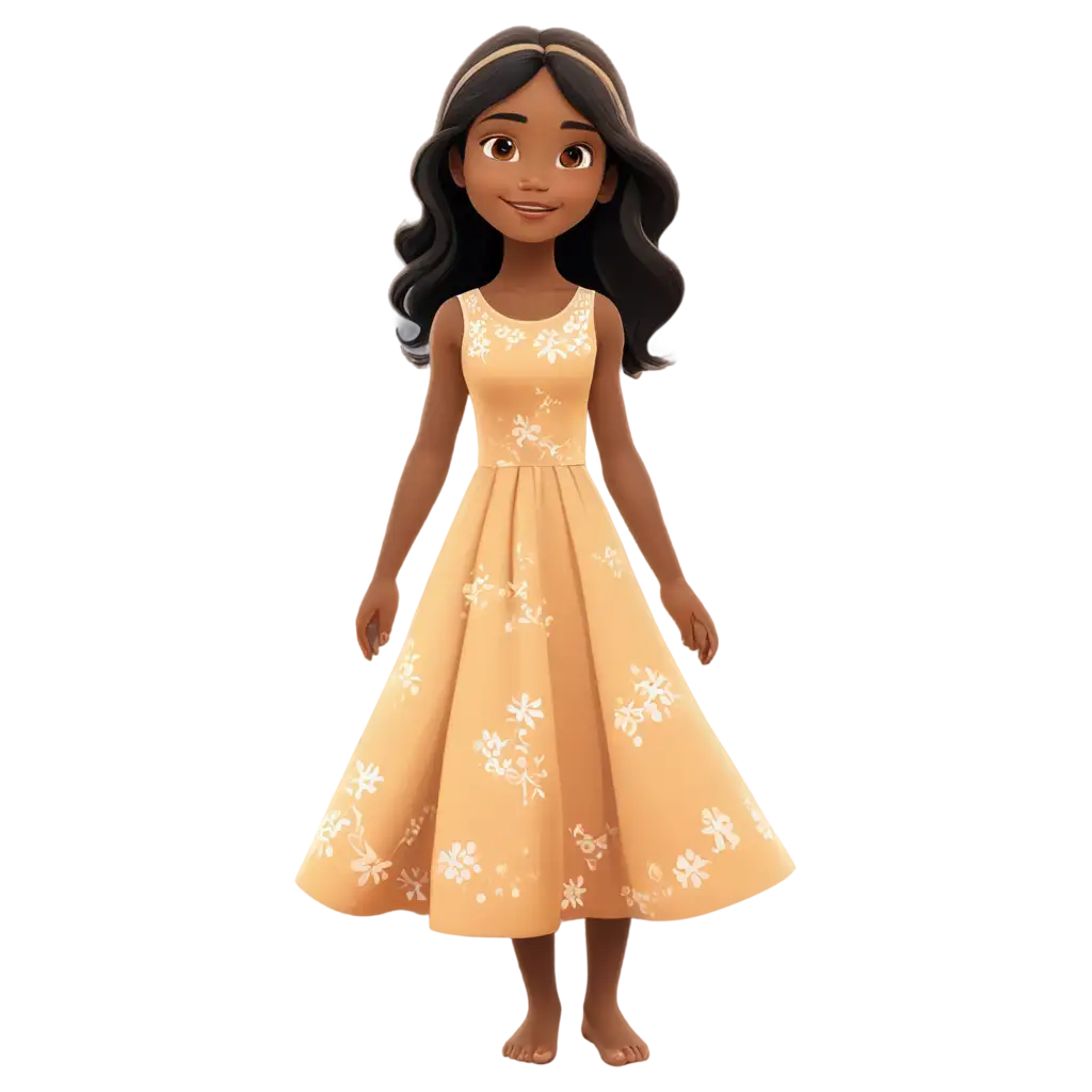 Cartoon for kids book of a beautiful little girl with mid lengh black hair and light brown eyes, inocent looking, wearing a dress and Barefoot, her dress looks like from 70"s 
