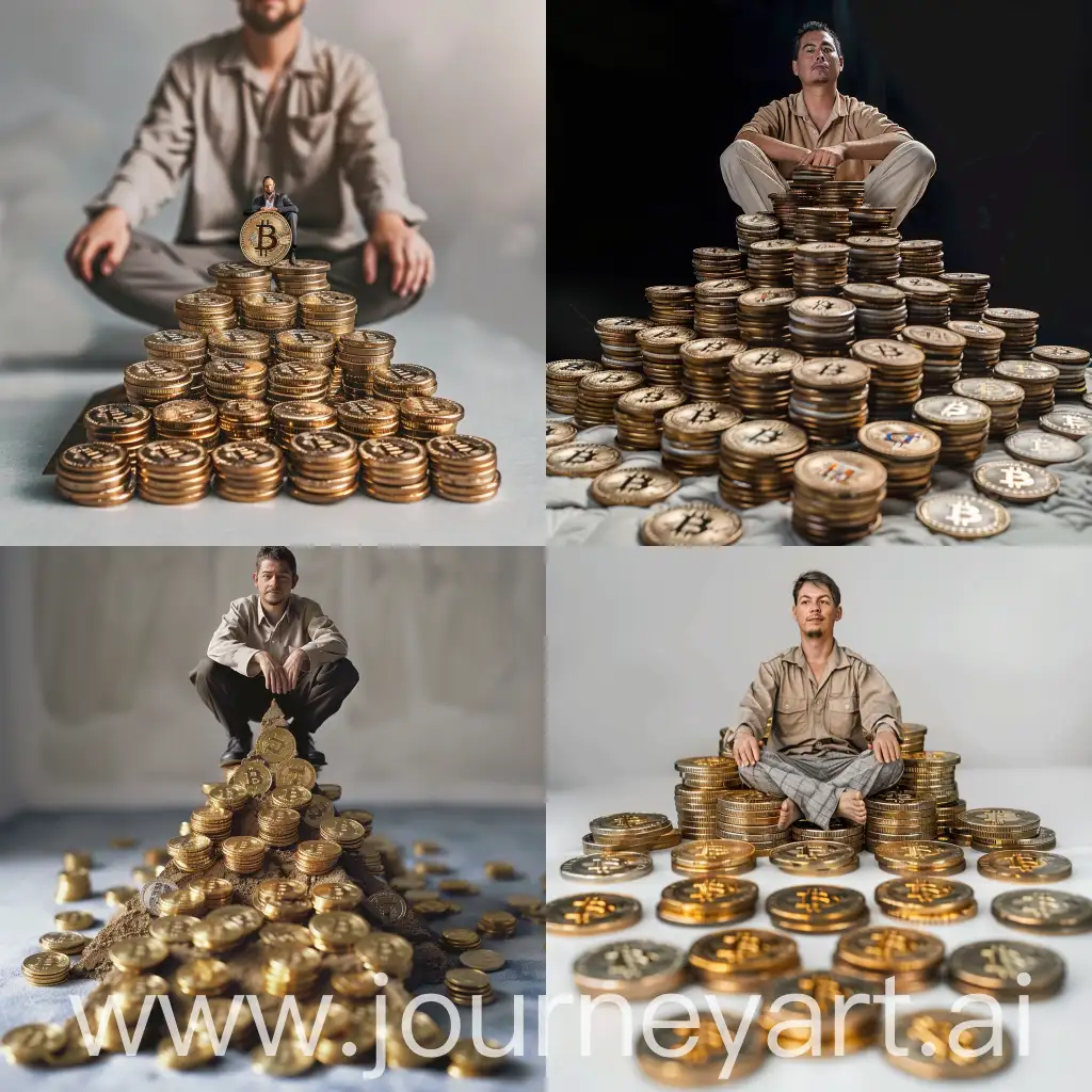 A pyramid of Bitcoin coins and a man sitting on it.