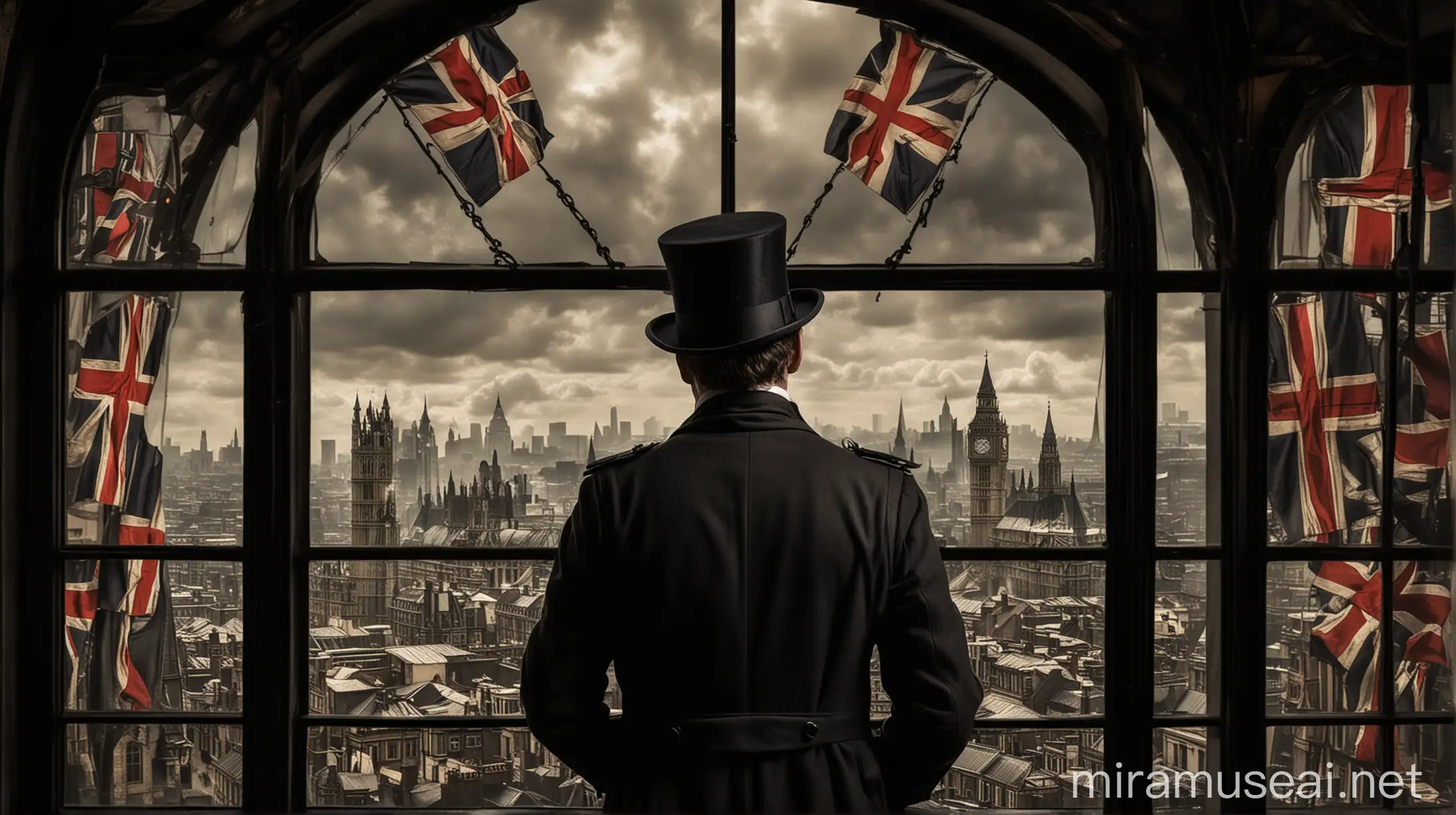 An aristocratic steampunk victorian man from behind wearing a overcoat and top hat looking through a giant window with french fascist flags, showing an entire large london steampunk city, victorian clock towers, various zeppelins in the sky and trains at a dark black night in the 1920's