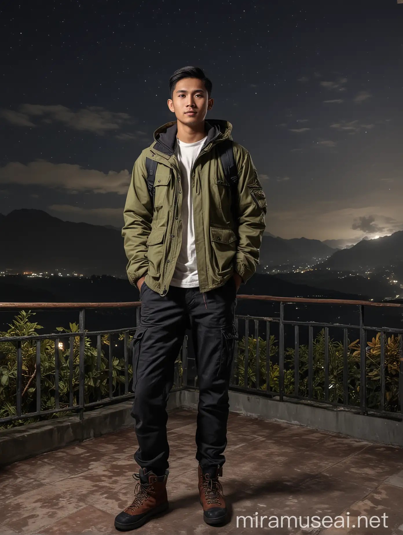 a handsome Indonesian young man aged 25 years, wearing a mountain jacket, black cargo pants and mountain shoes.  he took a photo on the terrace of the house while looking at the sky at night, high quality, HD quality, ultra HD 8K, Realistic.