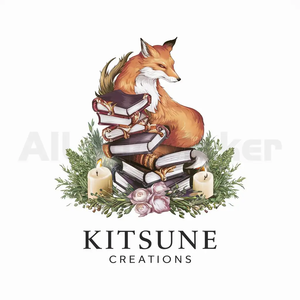 a logo design,with the text "Kitsune Creations", main symbol:The logo for Kitsune Creations features a mythical fox (kitsune) intertwined with elegant book bindings and surrounded by aromatic herbs and candles, symbolizing the blend of craftsmanship and sensory experience in our products.,Moderate,be used in Retail industry,clear background