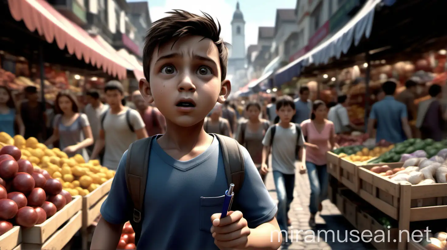 Worried Boy Running Through Crowded Market with Pen