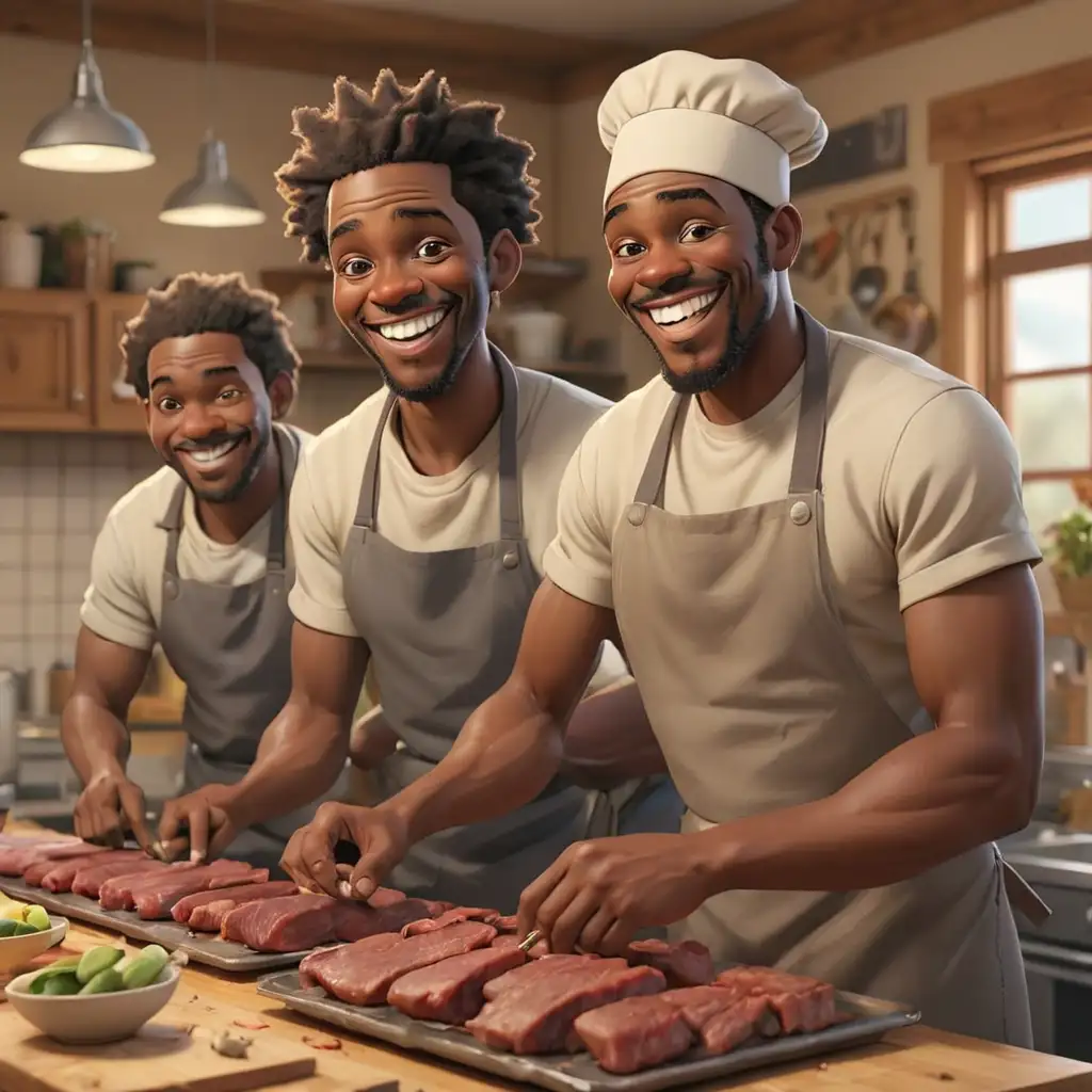 detailed 3D cartoon-style african american men preparing meat in the kitchen smiling in new mexico 
