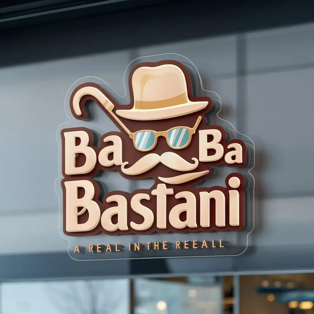 a logo design,with the text "BABA BASTANI", main symbol:cane Hat Ice cream Glasses mustache,Moderate,be used in Retail industry,clear background