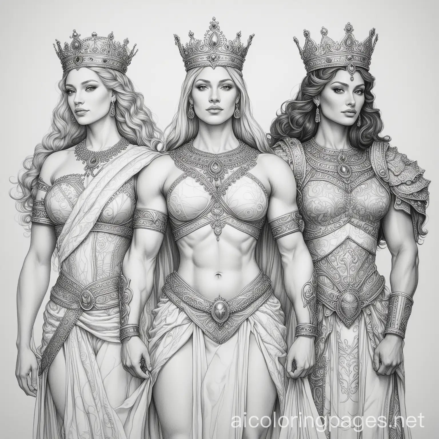 three queens and a large muscular king, Coloring Page, black and white, line art, white background, Simplicity, Ample White Space