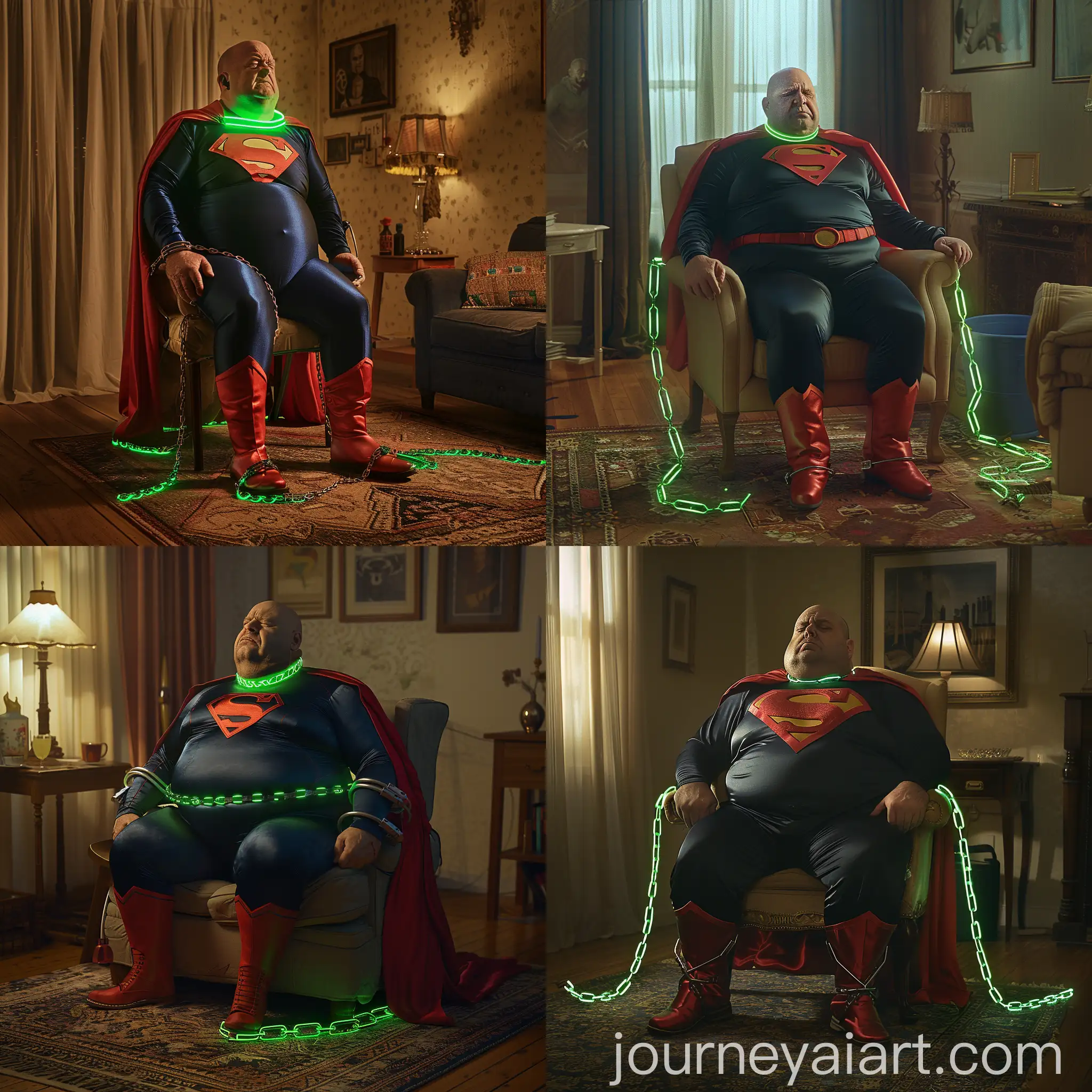 Photo of a fat man in pain and cannot breathe aged 60 wearing a tight silk navy superman costume with a red cape red boots and a green glowing neon dog collar on the neck shackled in a chair with green glowing neon chains  around the wrists. Inside a living room. Bald. Clean Shaven. Natural light. --style raw --ar 9:16