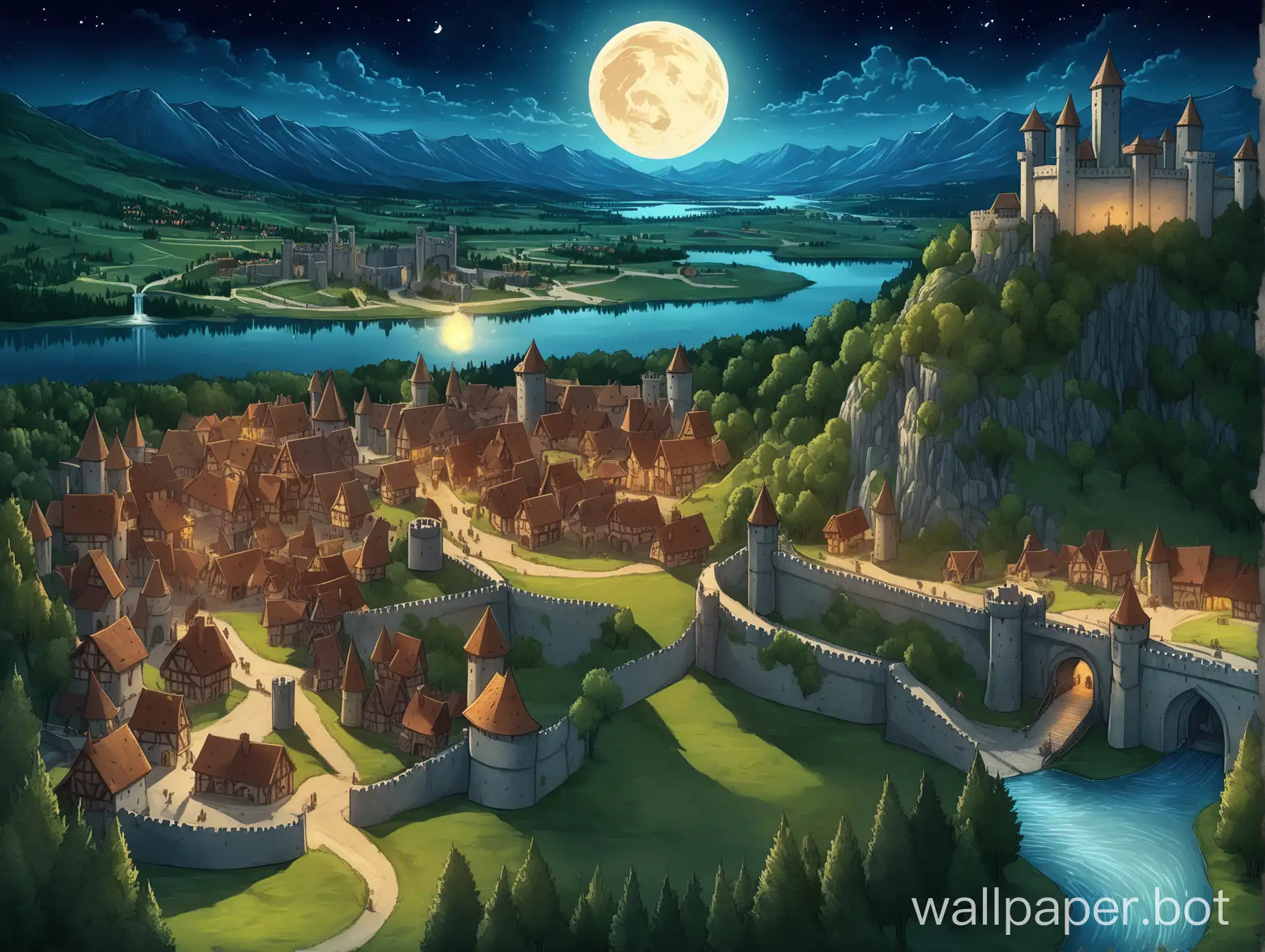landscape, mountain in background, entire medieval village, fantasy, meadow, ramparts, fortifications, close aerial view of town, entrance view of town with a drawbridge, large trees, drawn style, colored, warm colors, detailed image, visible details, forest in the distance, waterfalls, lake, at night, lighting, moon, night scene