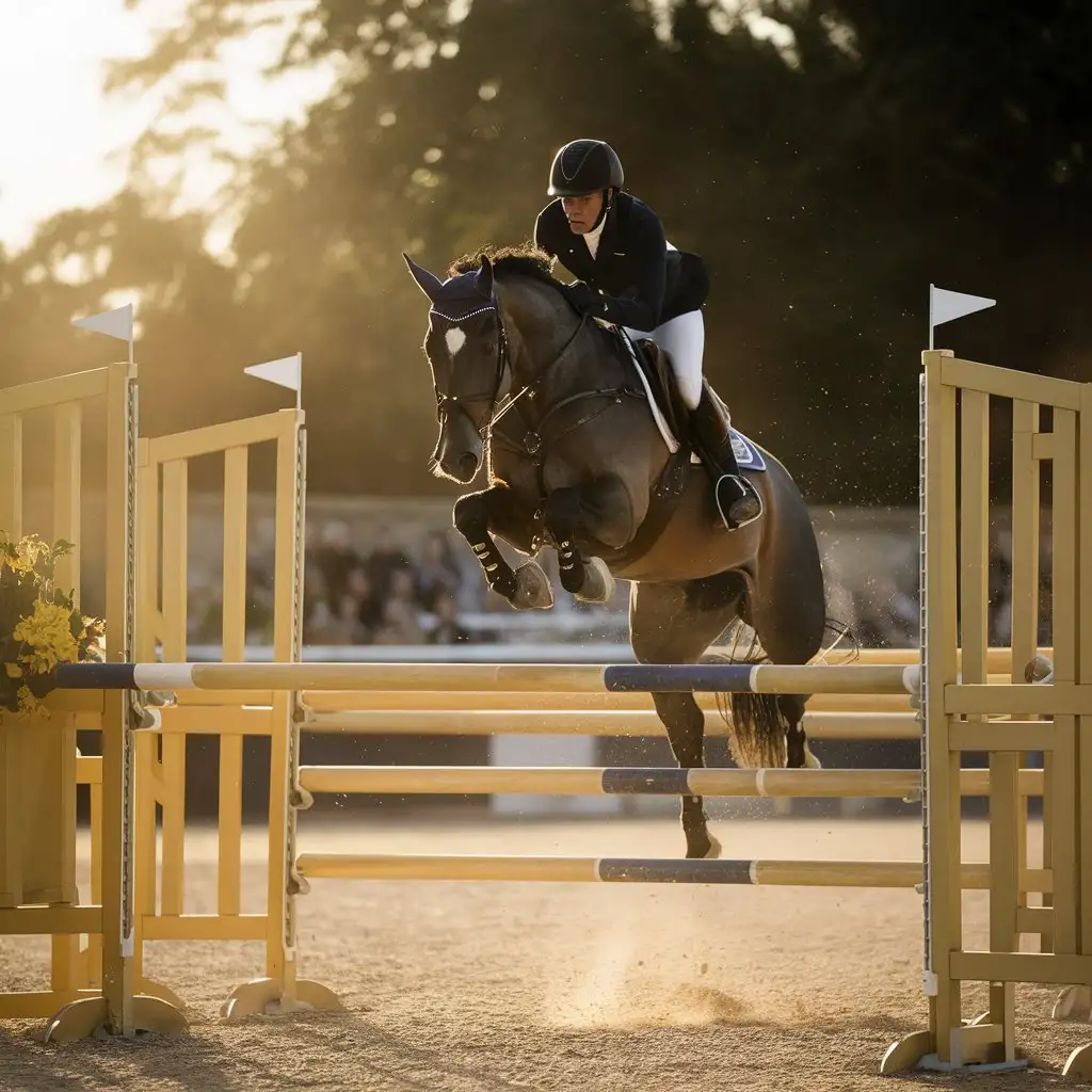 person jumping a horse grand prix showjumping golden hour