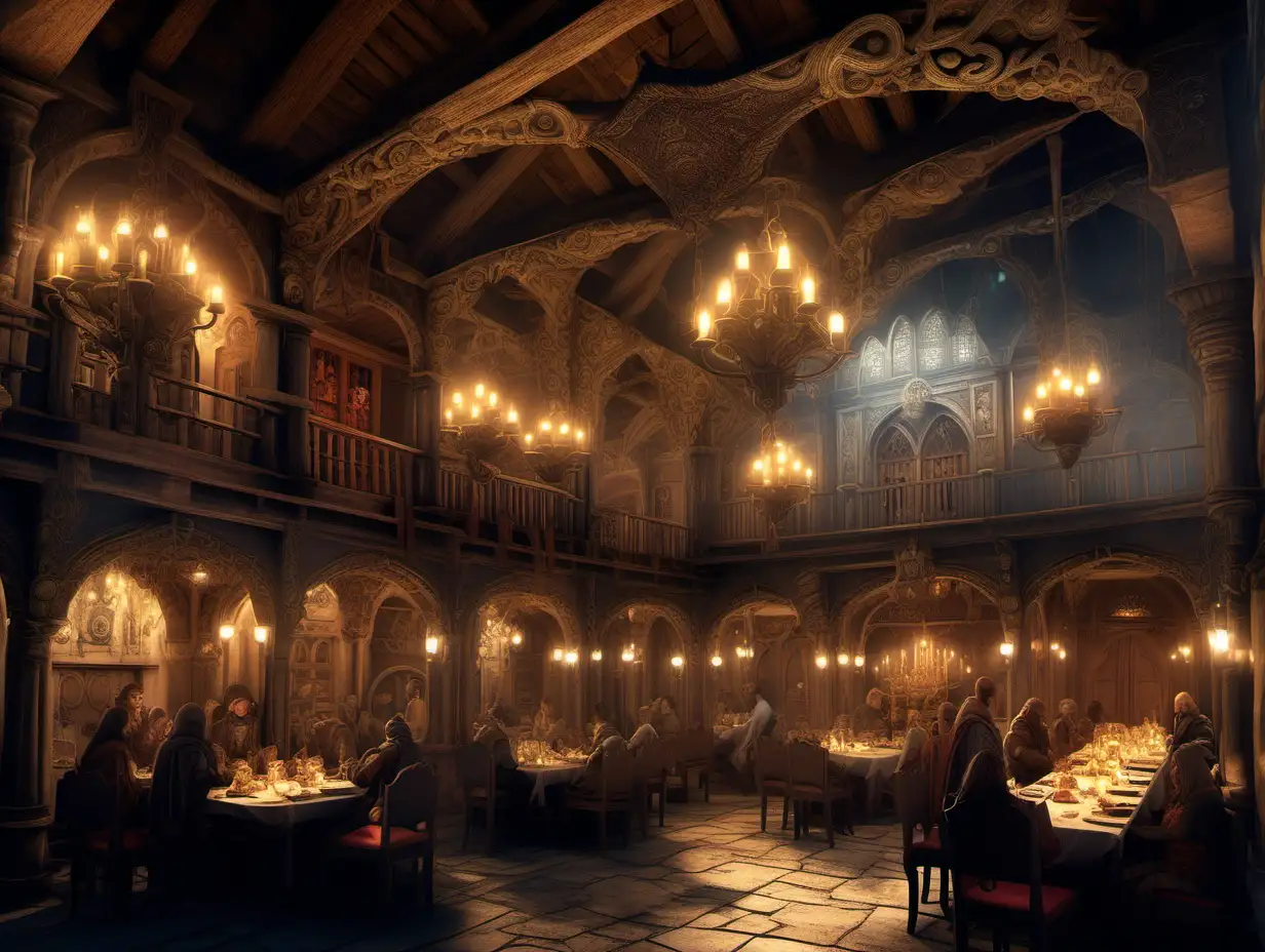 An image of a high class tavern in a medieval fantasy setting, The outside of the building itself is an architectural masterpiece, adorned with intricate carvings, rich tapestries, and glittering chandeliers that cast an ethereal glow throughout the space. In a detailed fantasy style 