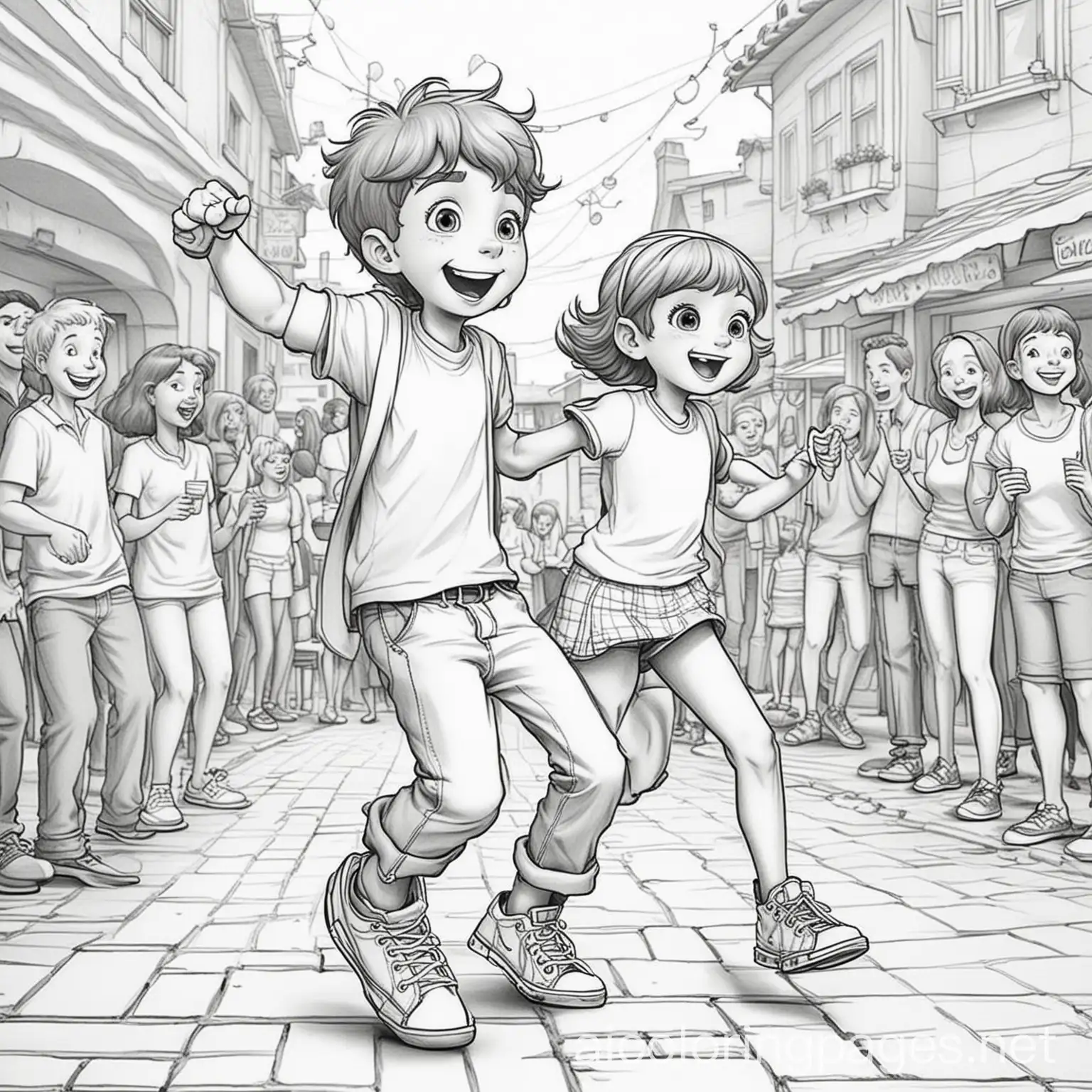 A cartoon boy dancing with a cartoon girl at a humorous block party in a low-income neighborhood, with lively music, food stalls serving peculiar treats, and residents of all different types of nationalities engaging in wild dances in the background.   Adult Coloring Page, black and white, line art, white background, Simplicity, Ample White Space, Coloring Page, black and white, line art, white background, Simplicity, Ample White Space. The background of the coloring page is plain white to make it easy for young children to color within the lines. The outlines of all the subjects are easy to distinguish, making it simple for kids to color without too much difficulty