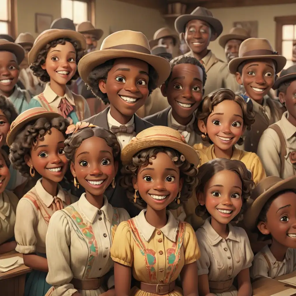 1900s defined 3 D cartoon style colorful african americans at the community center smiling in New Mexico