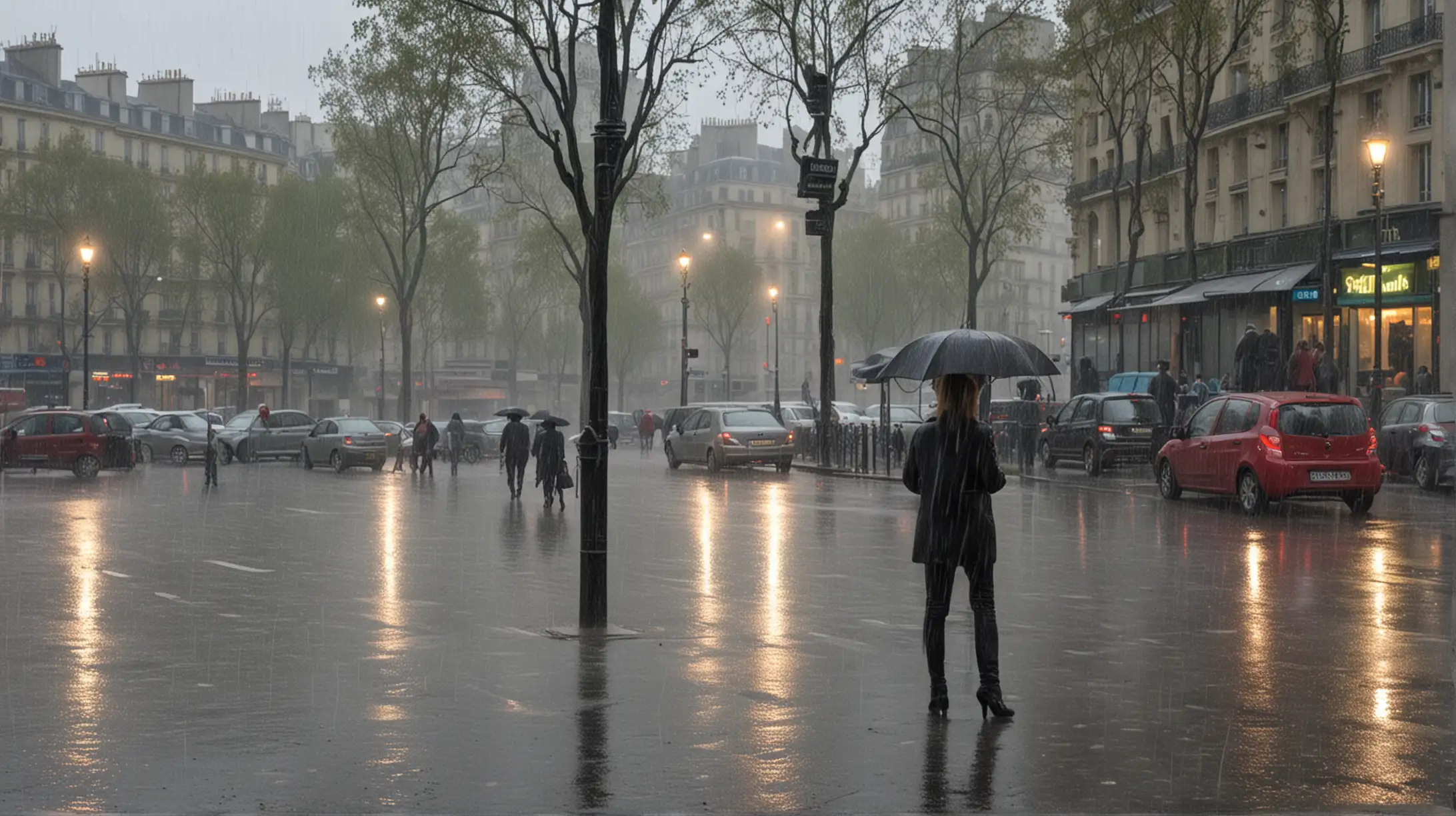 Rainy Evening in Paris Cityscape with Umbrellas and Glistening Streets