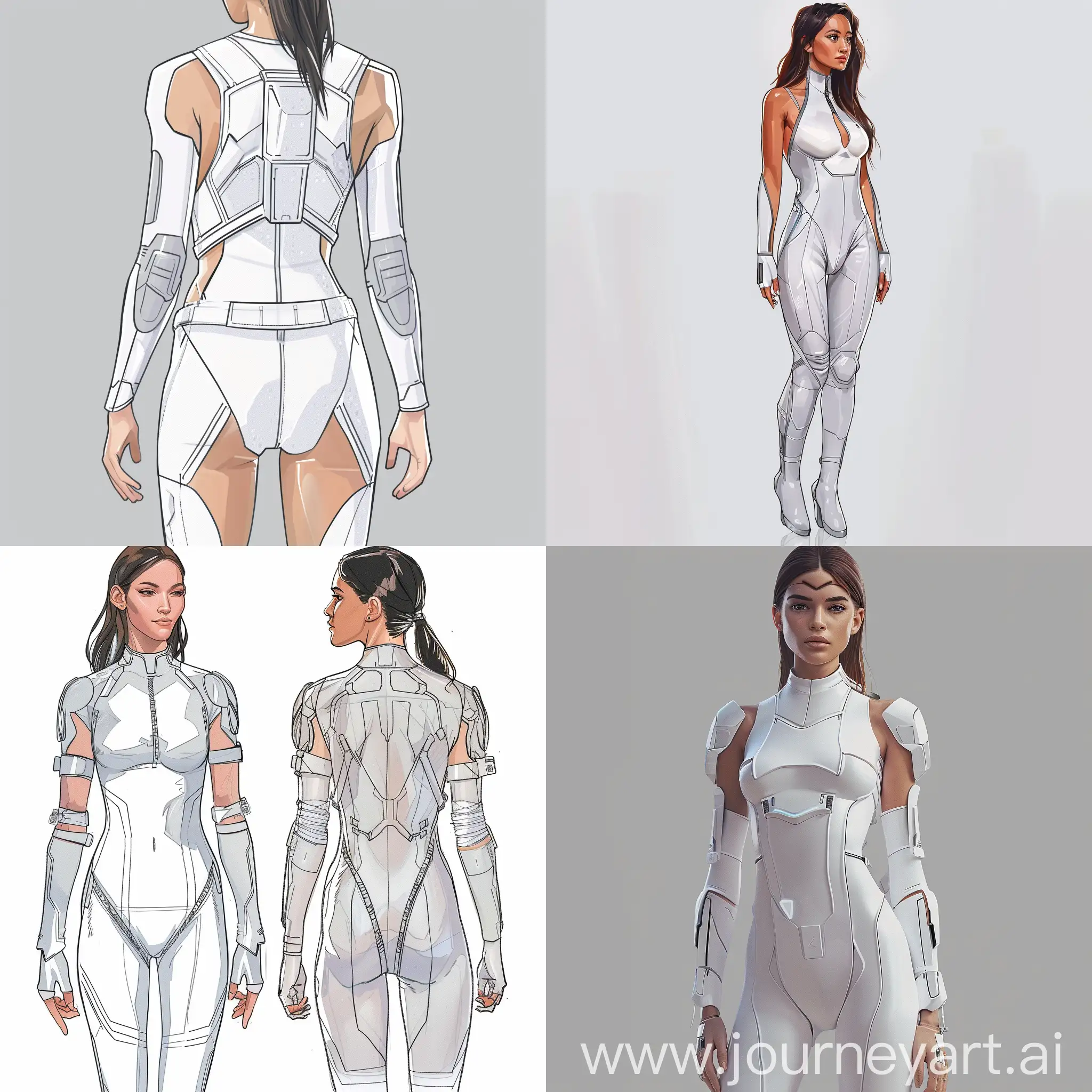 draw a female model wearing a women's white bodysuit. this bodysuit should be traditional, with a futuristic design, modern aesthetic, sci-fi twist. it should not include tech to illustrate the futuristic aspect, so no panels, no screens, no lights, nothing like that, just modern looking cuts, shapes, sleek lines and such.