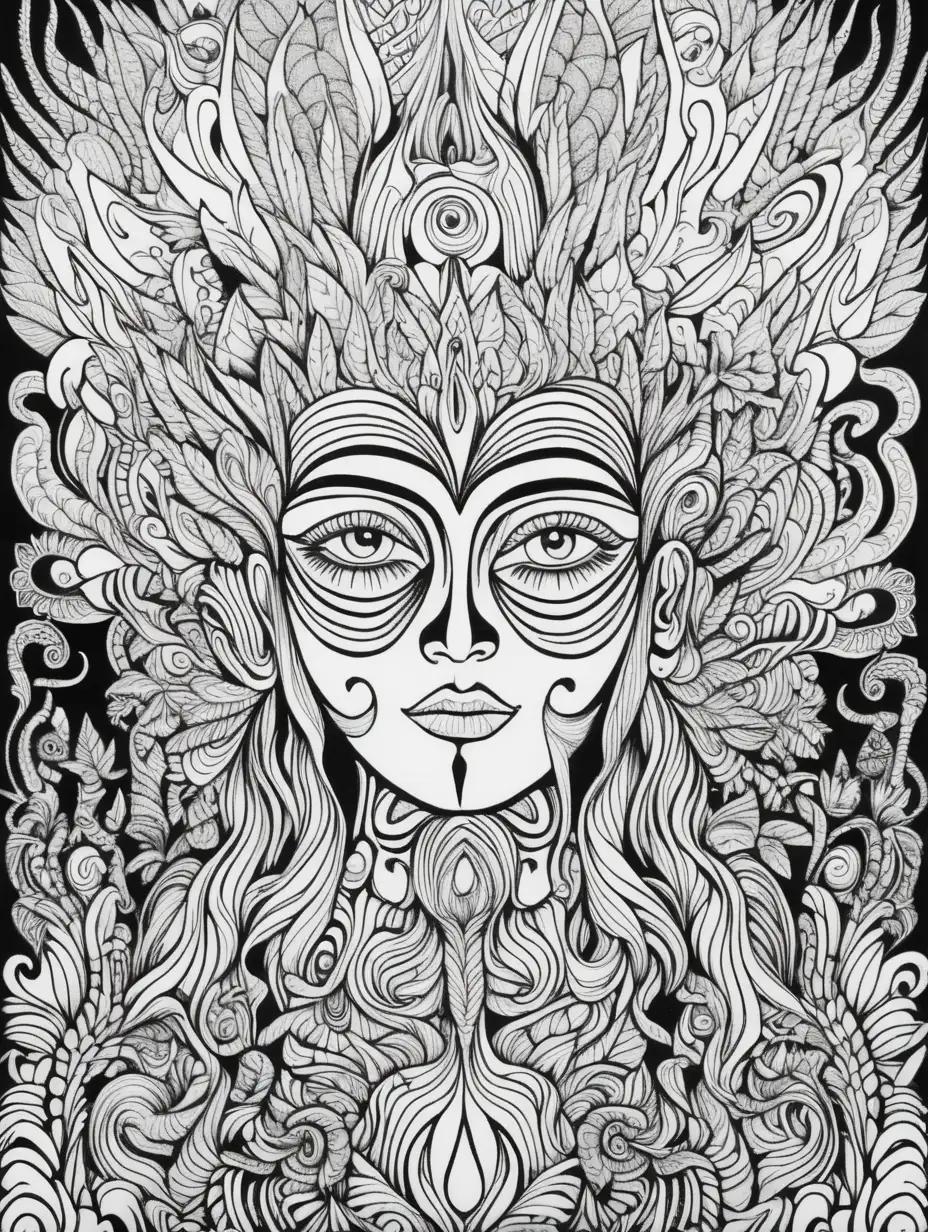 adult coloring book page, dmt trip, PSYCHADELIC VISUALS,high contrast, black and white, thick outline