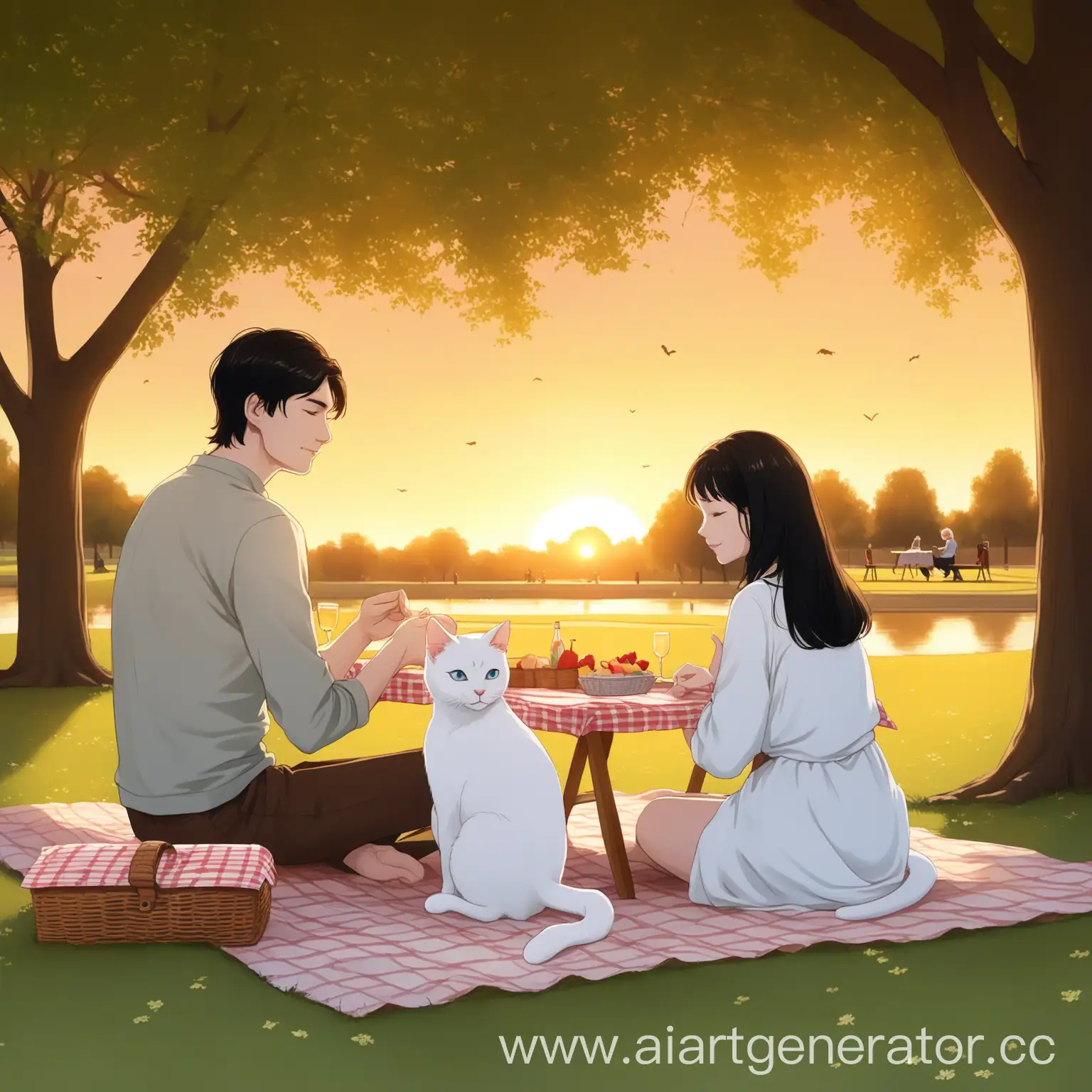 Caucasian Man and woman with black hair with one white young angorian cat having a picnic in the park at sunset time. It is a lovely atmosphere, calm and serene. There are no other people. 
