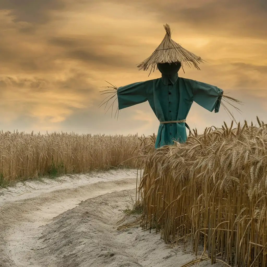 Scarecrow-in-Wheat-Field-on-Sandy-Road