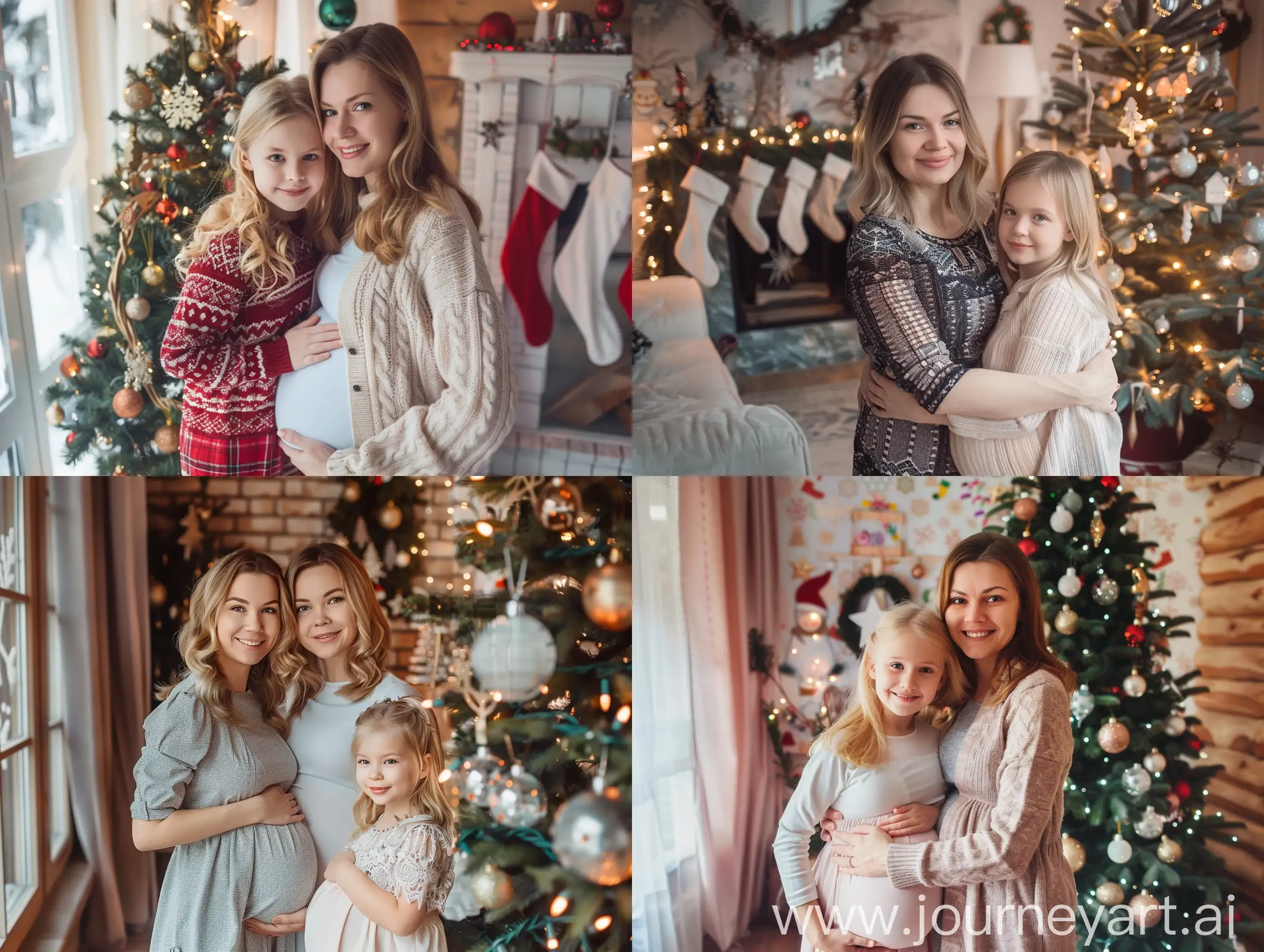 Photo: A Russian woman and a pregnant beautiful blonde girl are standing together at home in the photo together, next to the Christmas tree and the house is decorated for the new year.
