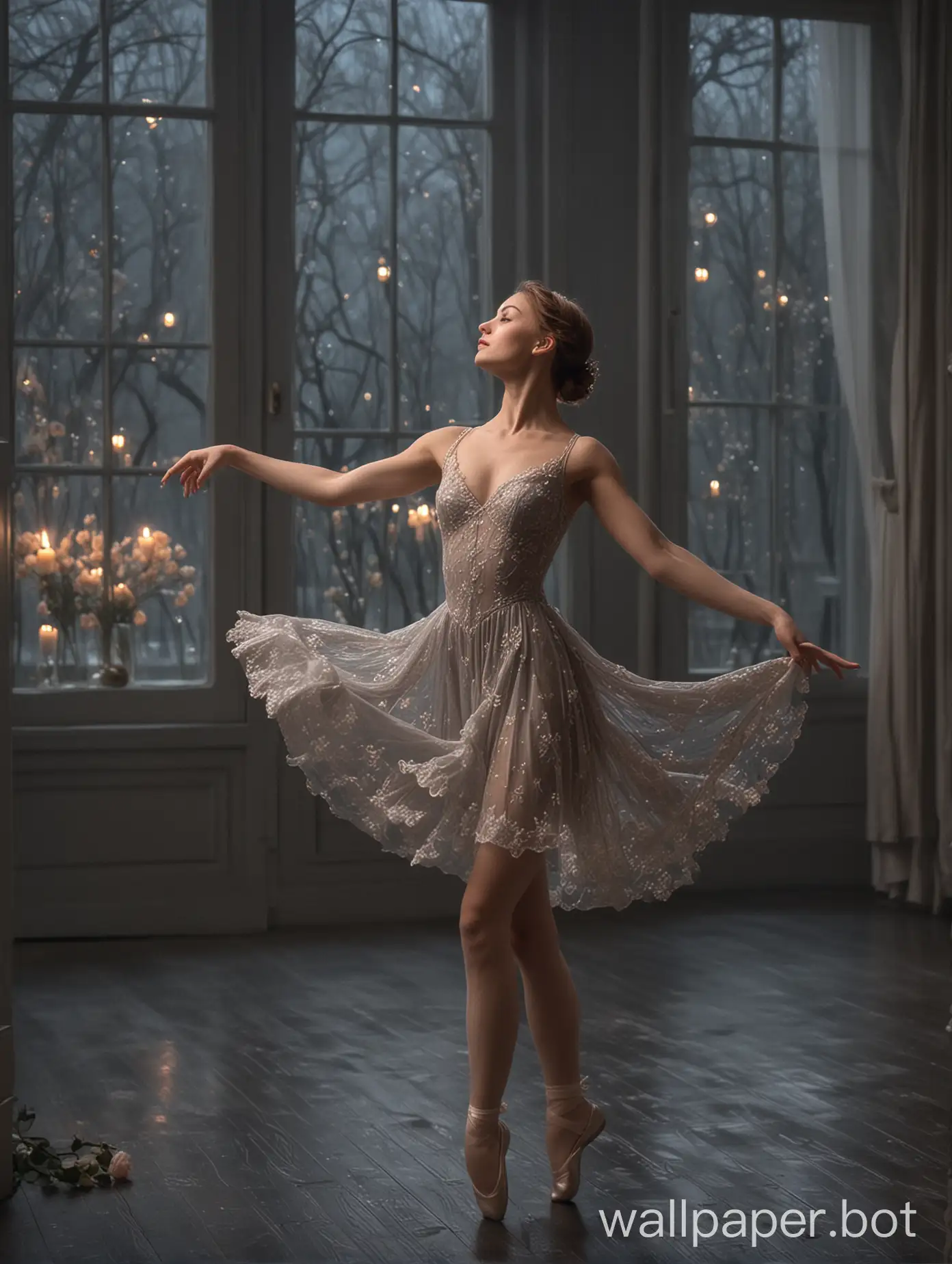 A poetic and visually captivating scene. The image shows a beautiful Russian ballerina with brown hair, medium-sized breasts, delicate makeup, and clear eyes, wearing a gray lace dress (the dress has petal designs and a short skirt). She is dancing ballet alone in a dark room, illuminated by the moonlight coming through a large window. The ballet shoes she wears are white, which highlights her figure and angelic face. This description transports us to a magical and romantic atmosphere, where the dancer is in the center of the room, expressing her art and grace through dance. The combination of the darkness of the room, the moonlight, and the elegance of the dancer creates a visually striking and beautiful image.
