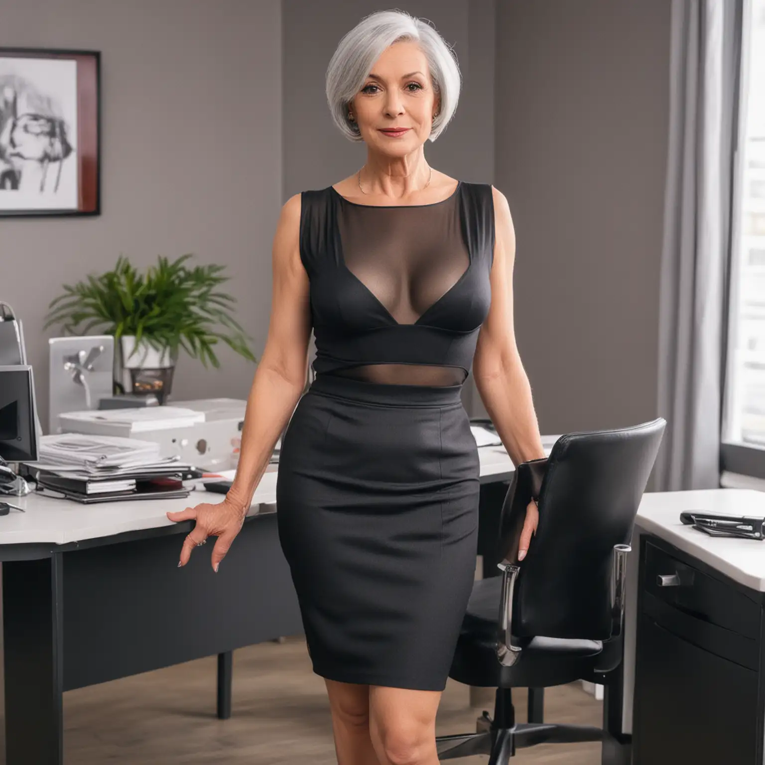 a full-length view of a slim beautiful 60-year old woman with grey hair in a bob and big breasts and hard nipples  and wearing a skintight pencil skirt and Louboutin stilettos in an office