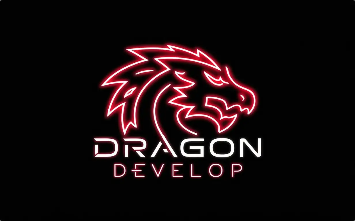 Can you design me a business card with a dragon vector with a red neon logo and Dragon Develop next to it? 