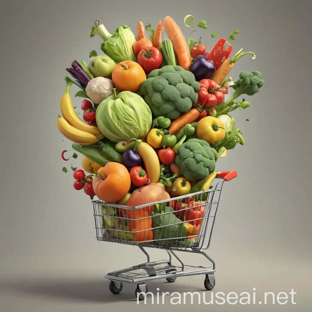 realistic 3d illustration of fruits and vegetables in a shopping cart or grocery bag, with a whirlwind going around it of vegetables