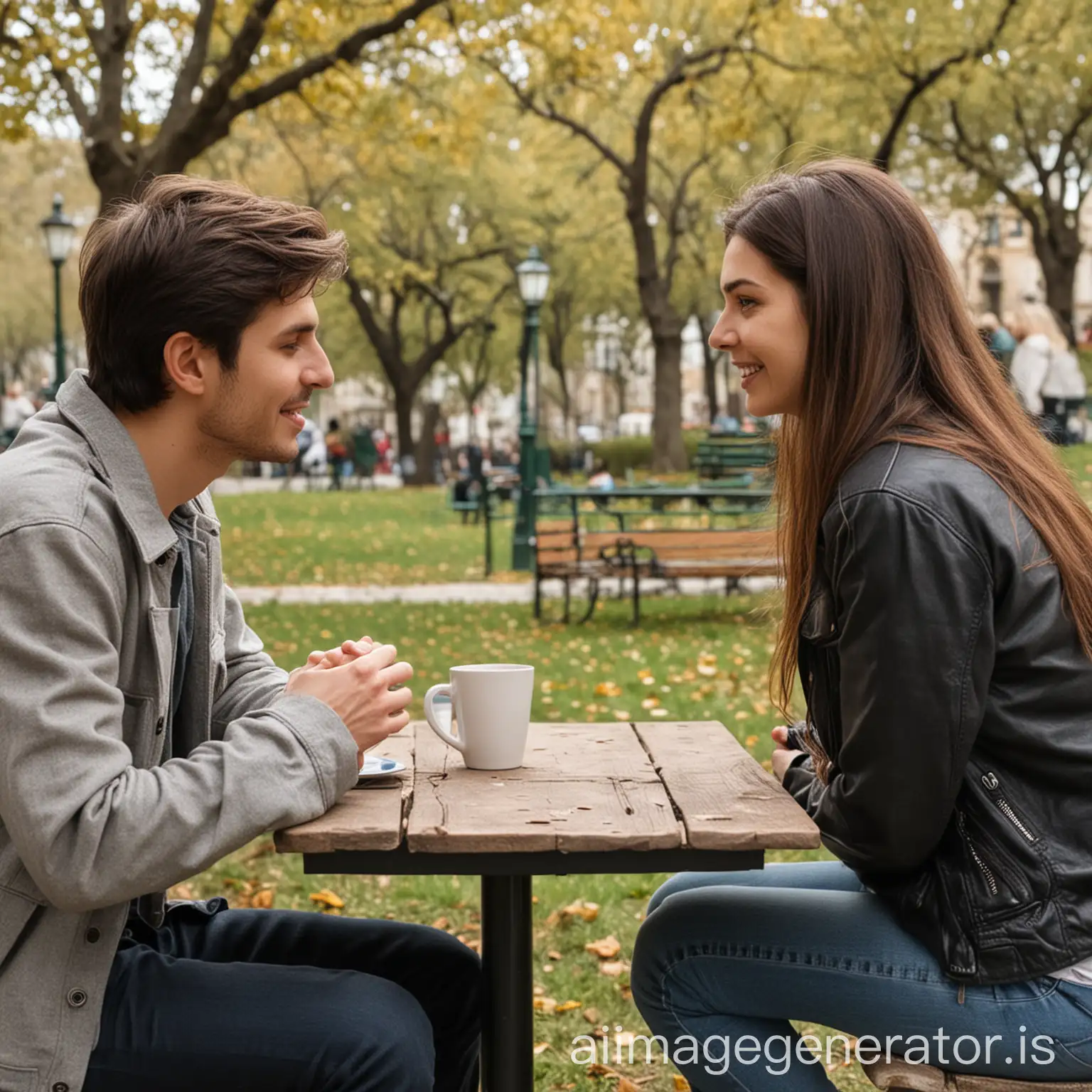 Couple-Sitting-Face-to-Face-Conversing-in-Park-Setting