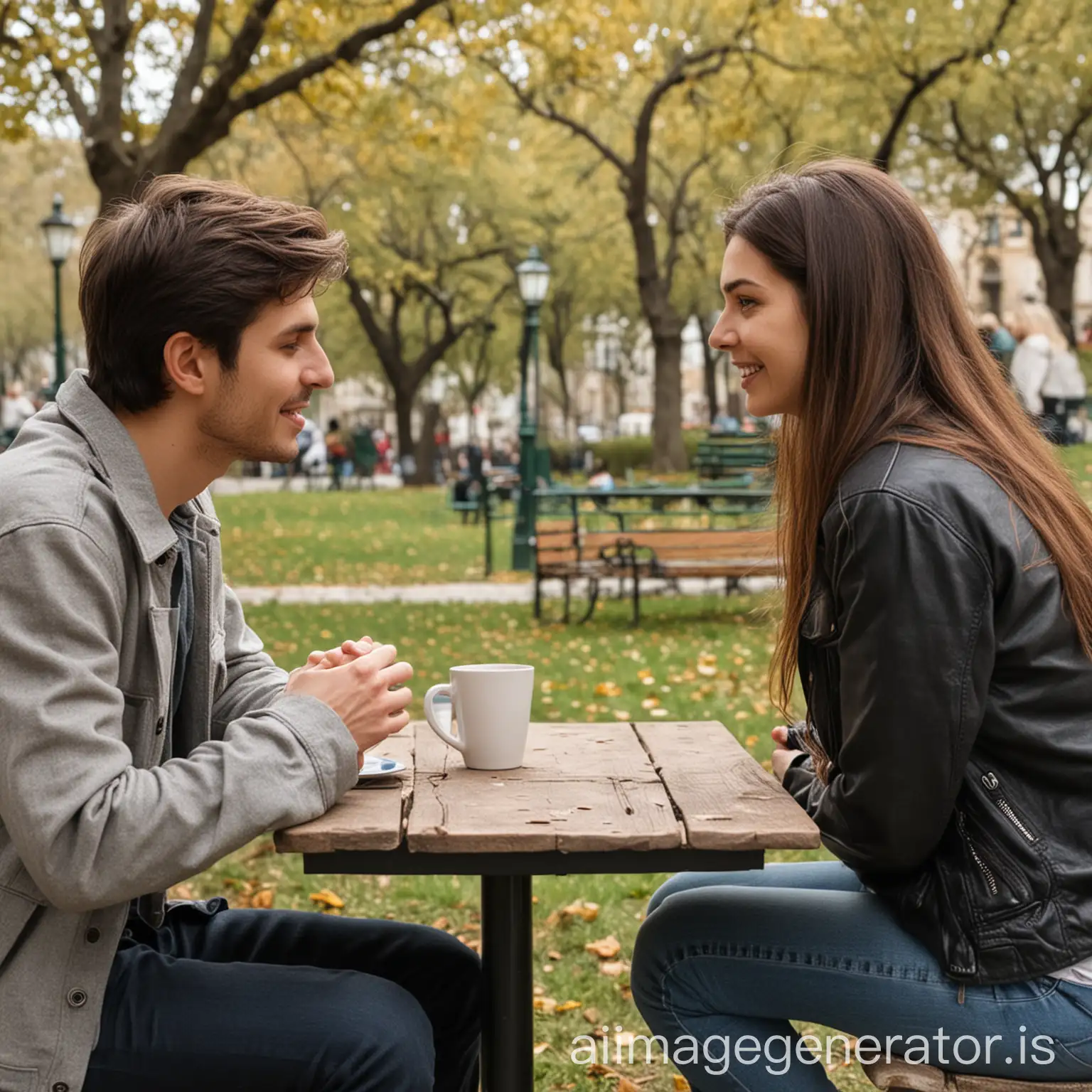 love  couple in front face to face each other talking in seating park to see me 