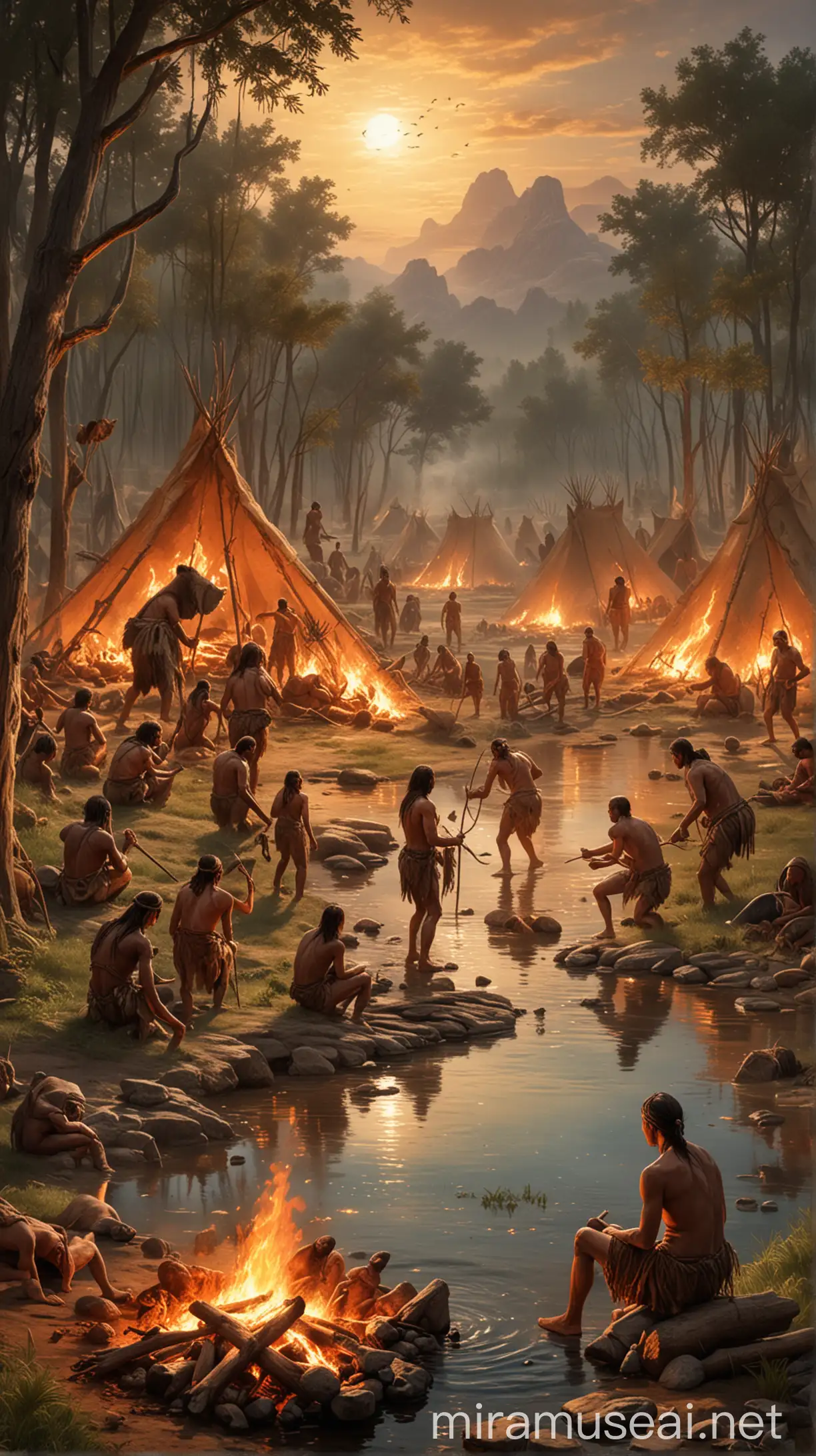 An artistic depiction of an ancient hunter-gatherer community: People hunting, gathering water, and gathering around a fire.
