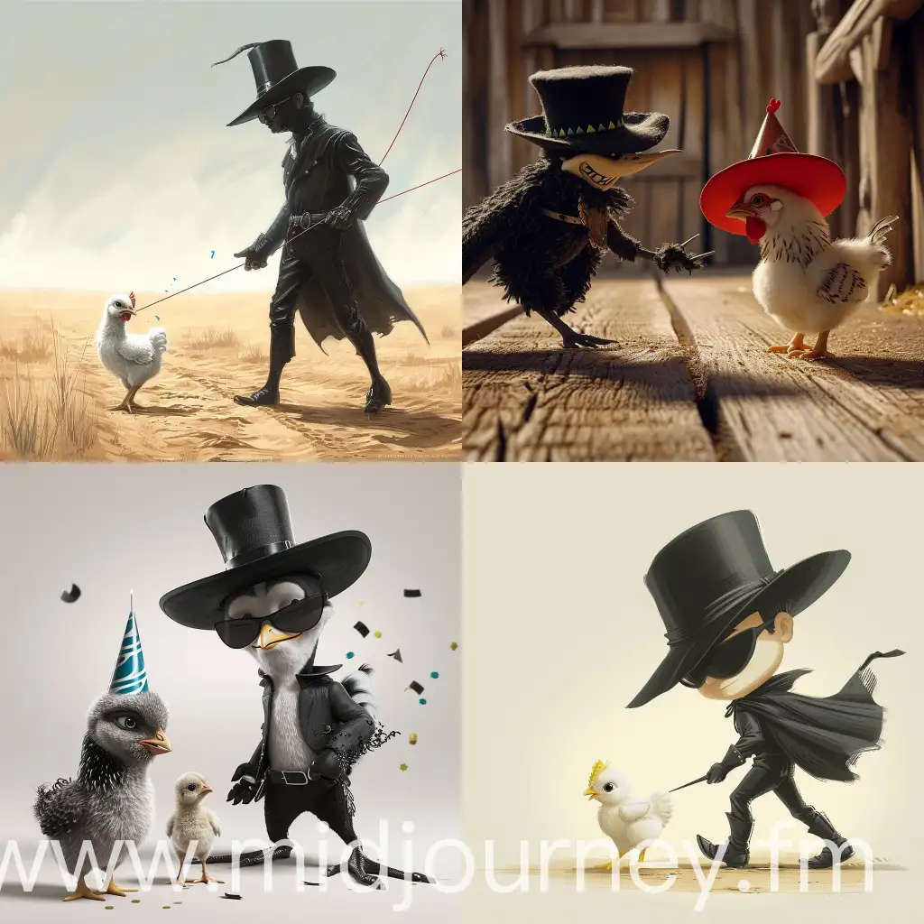 Animated Zorro with Birthday Hat Following Little Chicken | JourneyArt