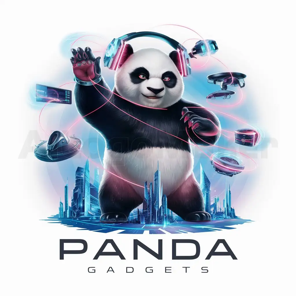 a logo design,with the text "Gadget Panda", main symbol:Imagine a majestic panda, not just holding gadgets, but orchestrating them like a maestro conducts an orchestra. This panda stands tall, exuding confidence and mastery over technology. Its fur is a blend of sleek black and shimmering silver, symbolizing the fusion of nature and cutting-edge innovation. Instead of traditional gadgets, the panda is surrounded by an array of futuristic devices floating around it in a symphony of light and motion. These could include holographic displays, augmented reality glasses, drones, and other advanced gadgets, each representing a different aspect of technology. The panda's ears are transformed into high-tech headphones, emitting pulsating streams of light that connect to the floating gadgets, symbolizing its control over the digital realm. Its eyes gleam with intelligence and determination, reflecting its deep understanding of the tech world. In the background, a digital landscape unfolds, with towering skyscrapers and futuristic cityscapes, hinting at the limitless possibilities of technology. This scene further emphasizes the store's commitment to offering cutting-edge gadgets that push the boundaries of innovation. Overall, the 'Panda Tech Maestro' logo represents not just a store, but a visionary leader in the world of technology, inspiring customers to embrace the future with confidence and excitement.,complex,be used in Technology industry,clear background