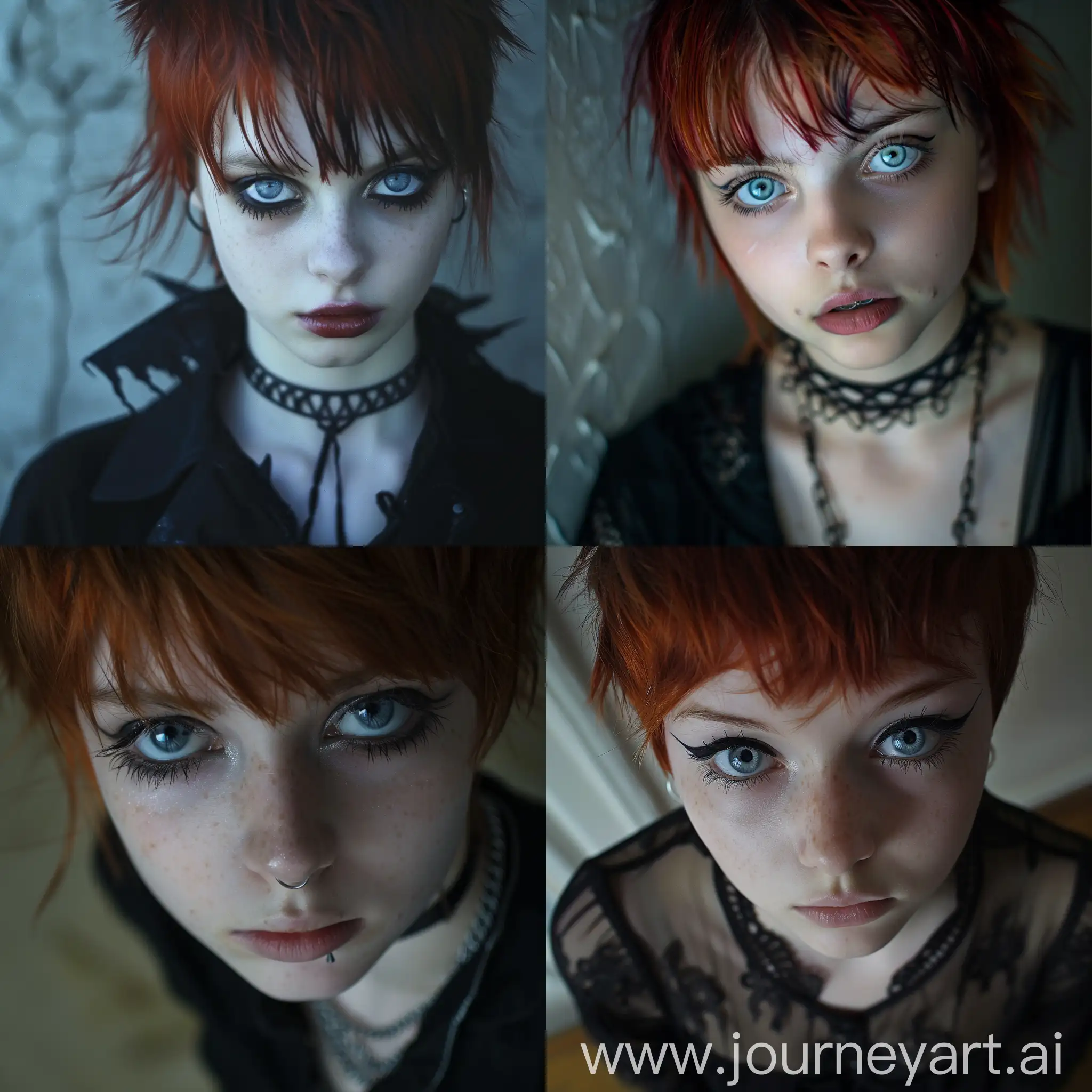 Teen girl, goth, pixie cut, red hair, icy blue eyes 