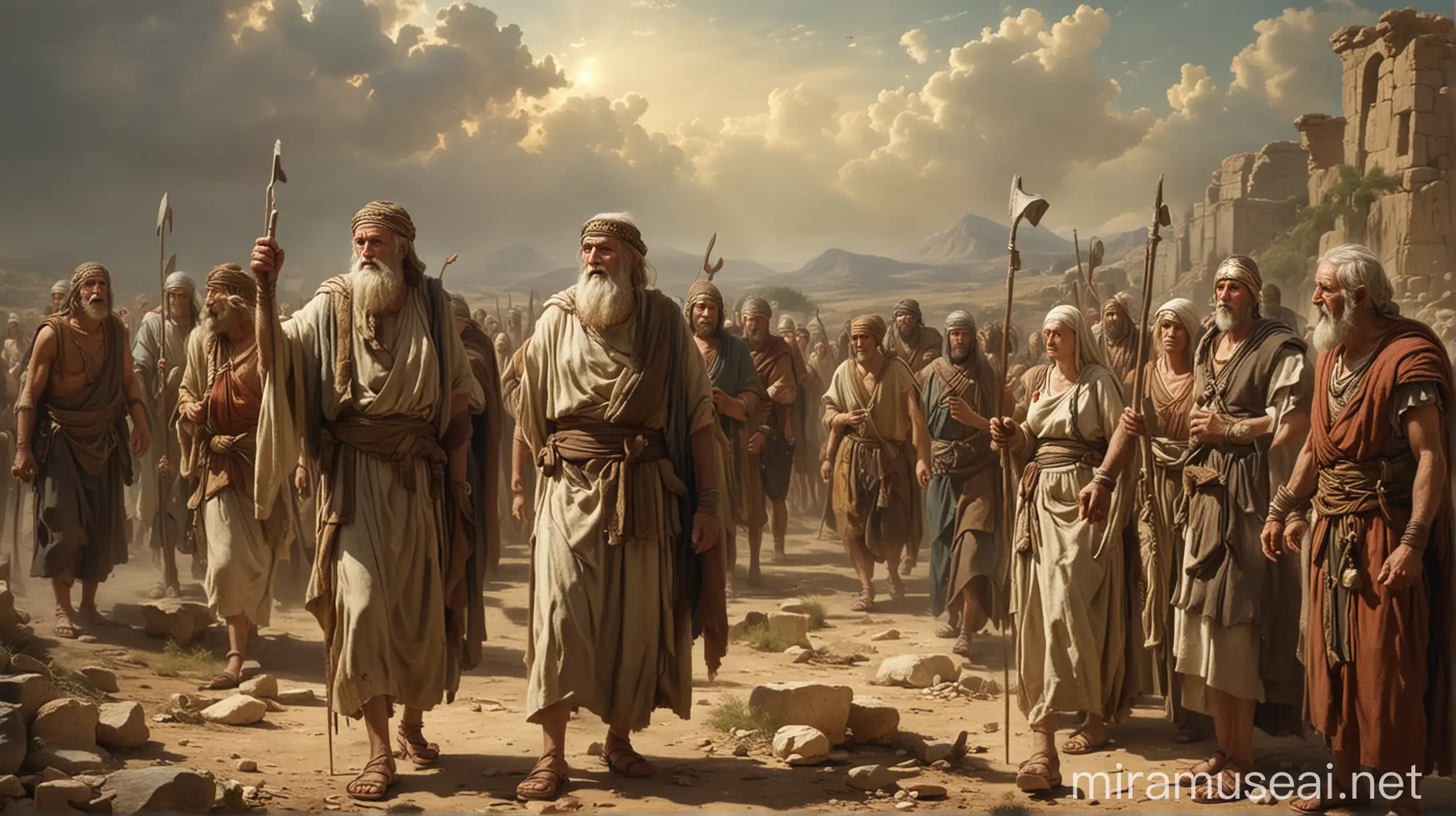 Elderly figures approaching Jephthah with a plea for assistance.In ancient world 