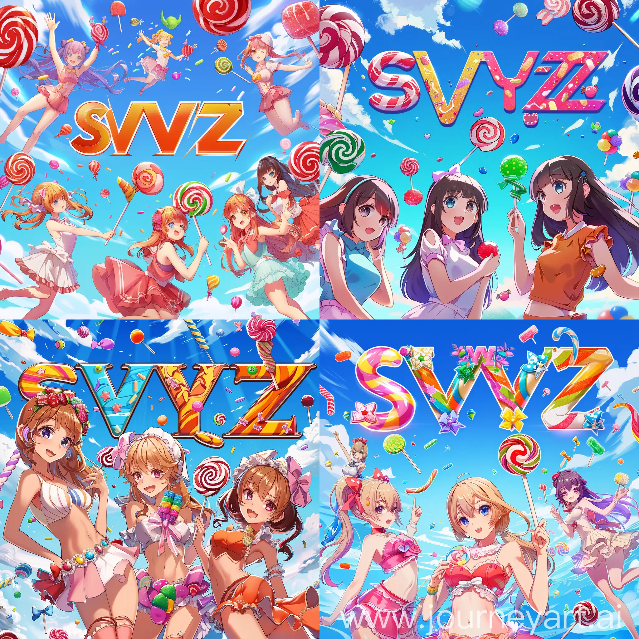слово SVYAZ логотип на фоне разноцветных аниме девочек, летающие конфеты и леденцы
