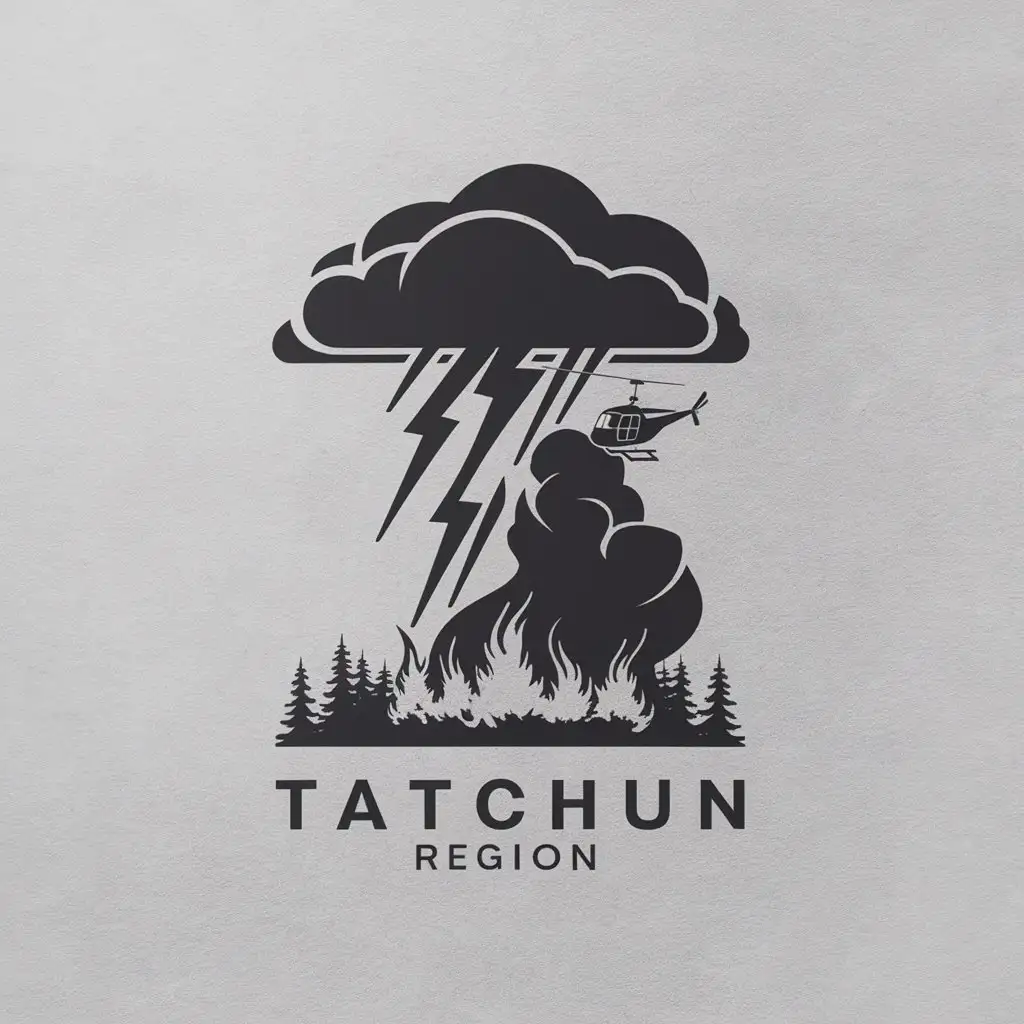 a logo design,with the text 'Tatchun Region', main symbol:A towering thunderstorm strikes lighting on the ground below and starts a forest fire. There is lots of smoke. A helicopter flies over the fire but under the cloud.,Minimalistic,clear background