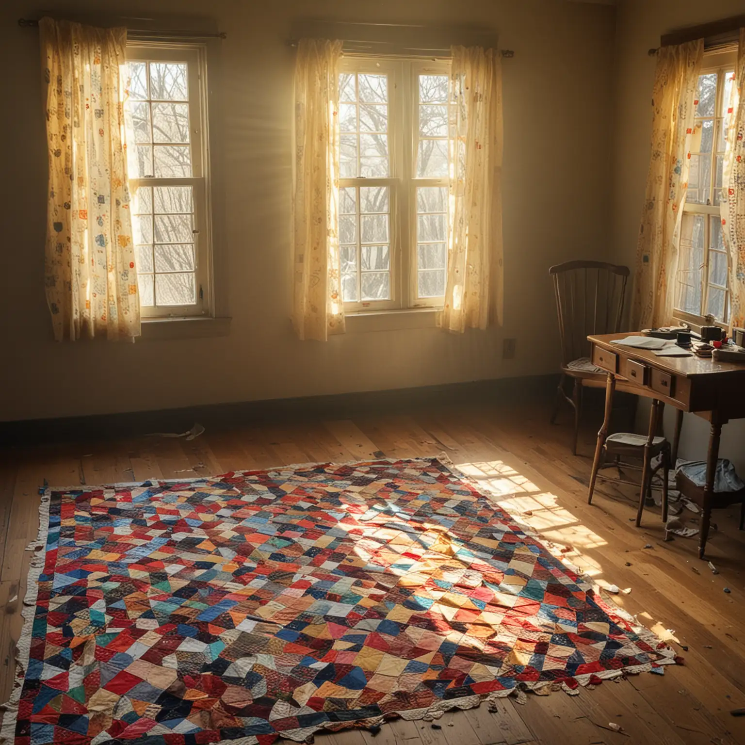 A oldr room with hardwood floors with a dulled and torn patchwork quilt drapped across a wooden teachers desk.  illuminated by the bright sun entering from large windows. --ar 2:3 --sref https://s.mj.run/87Sjf94hFiI ::1.5 <https://s.mj.run/BdQFQve9VPQ>

