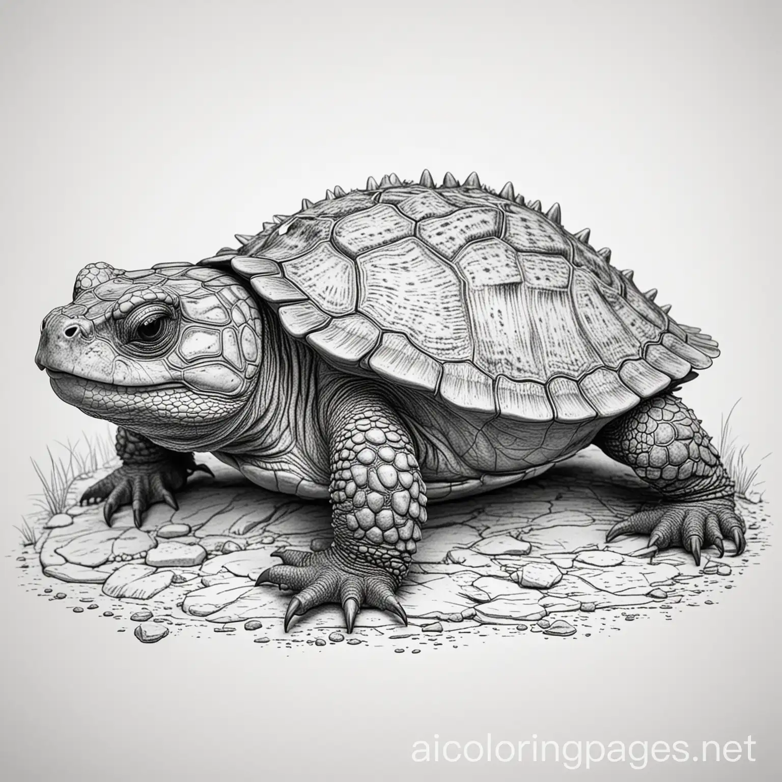 Baby alligator Snapping turtle, love,, Coloring Page, black and white, line art, white background, Simplicity, Ample White Space. The background of the coloring page is plain white to make it easy for young children to color within the lines. The outlines of all the subjects are easy to distinguish, making it simple for kids to color without too much difficulty
