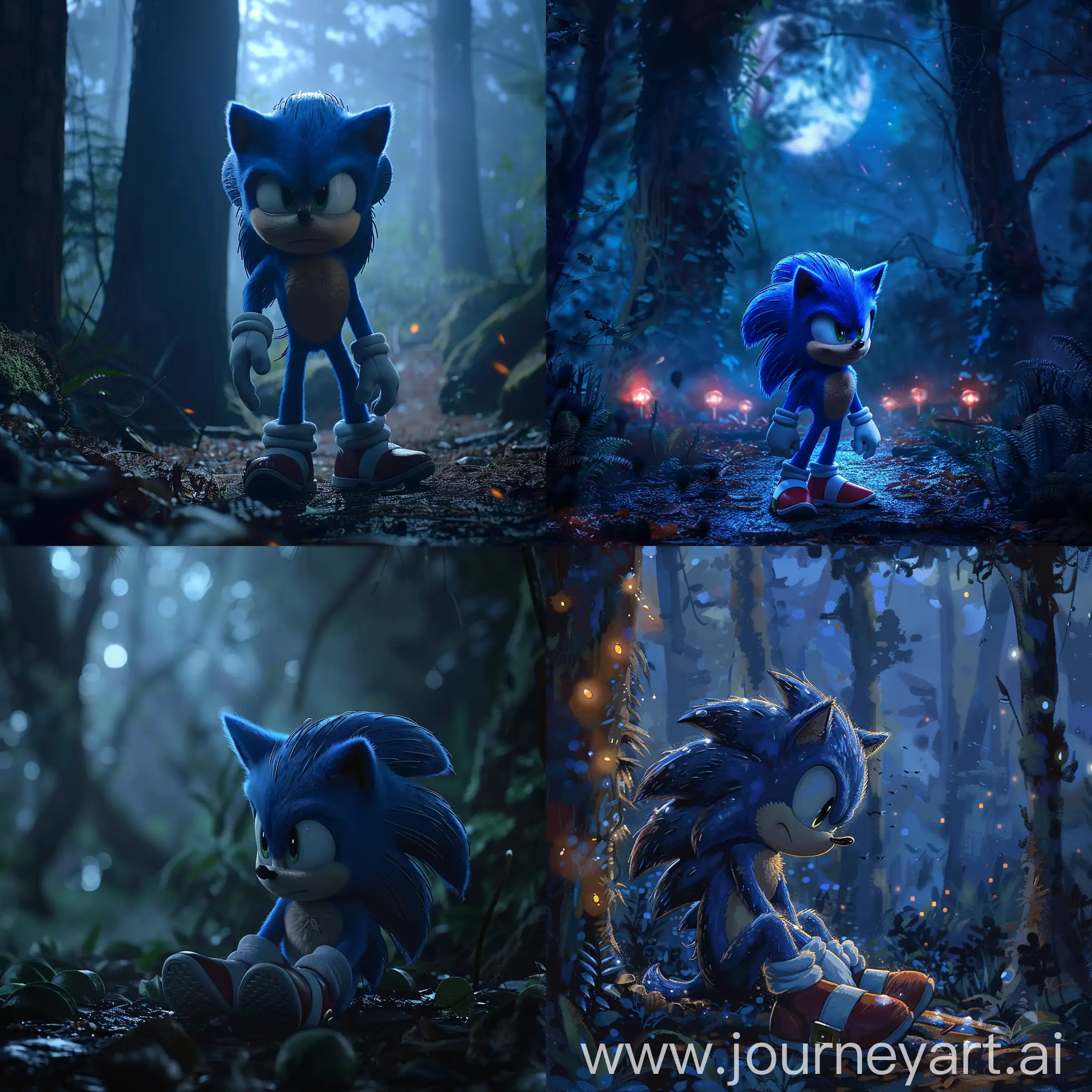 Sonic the hedgehog movie sad in a forest at night 