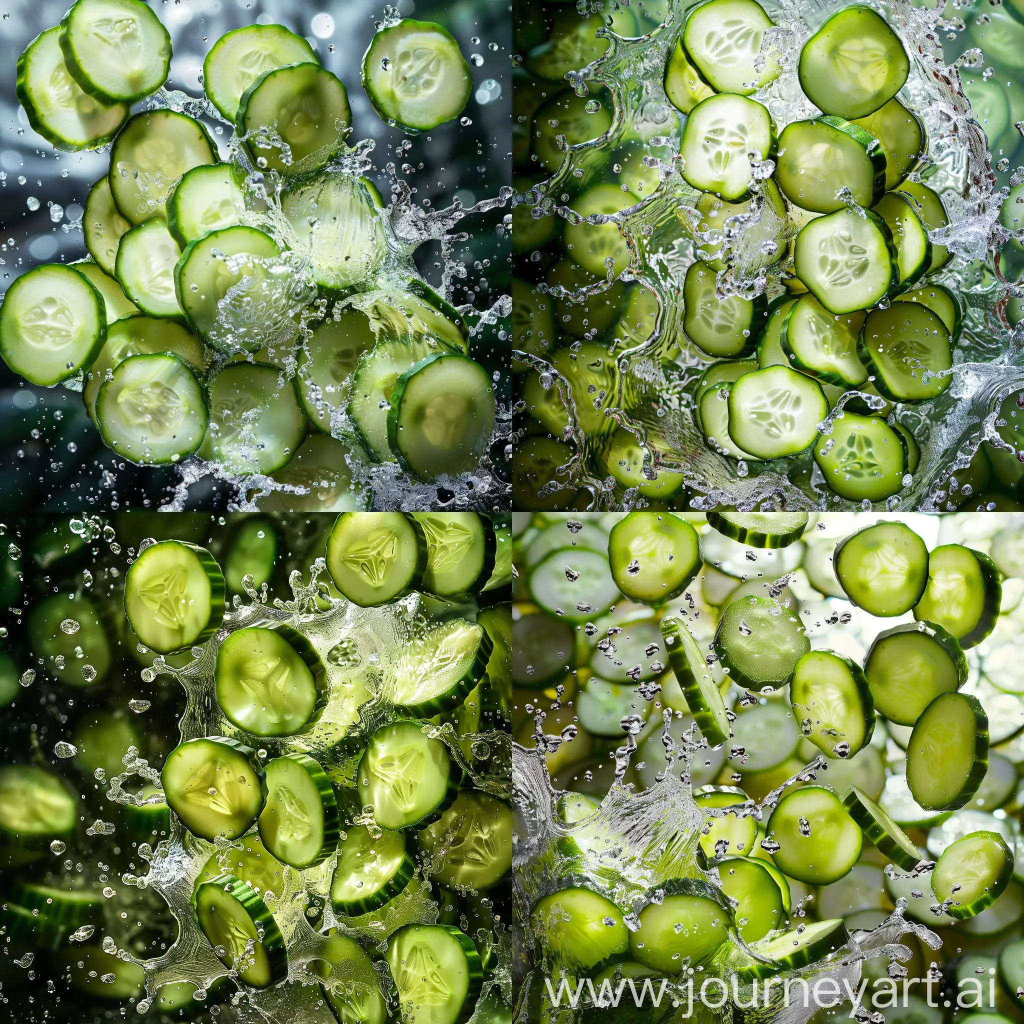 A pile of sliced cucumbers is captured mid-air, with a splash of water around them, suggesting they were just dropped into the liquid. The image has a dynamic feel due to the motion blur and splashes.