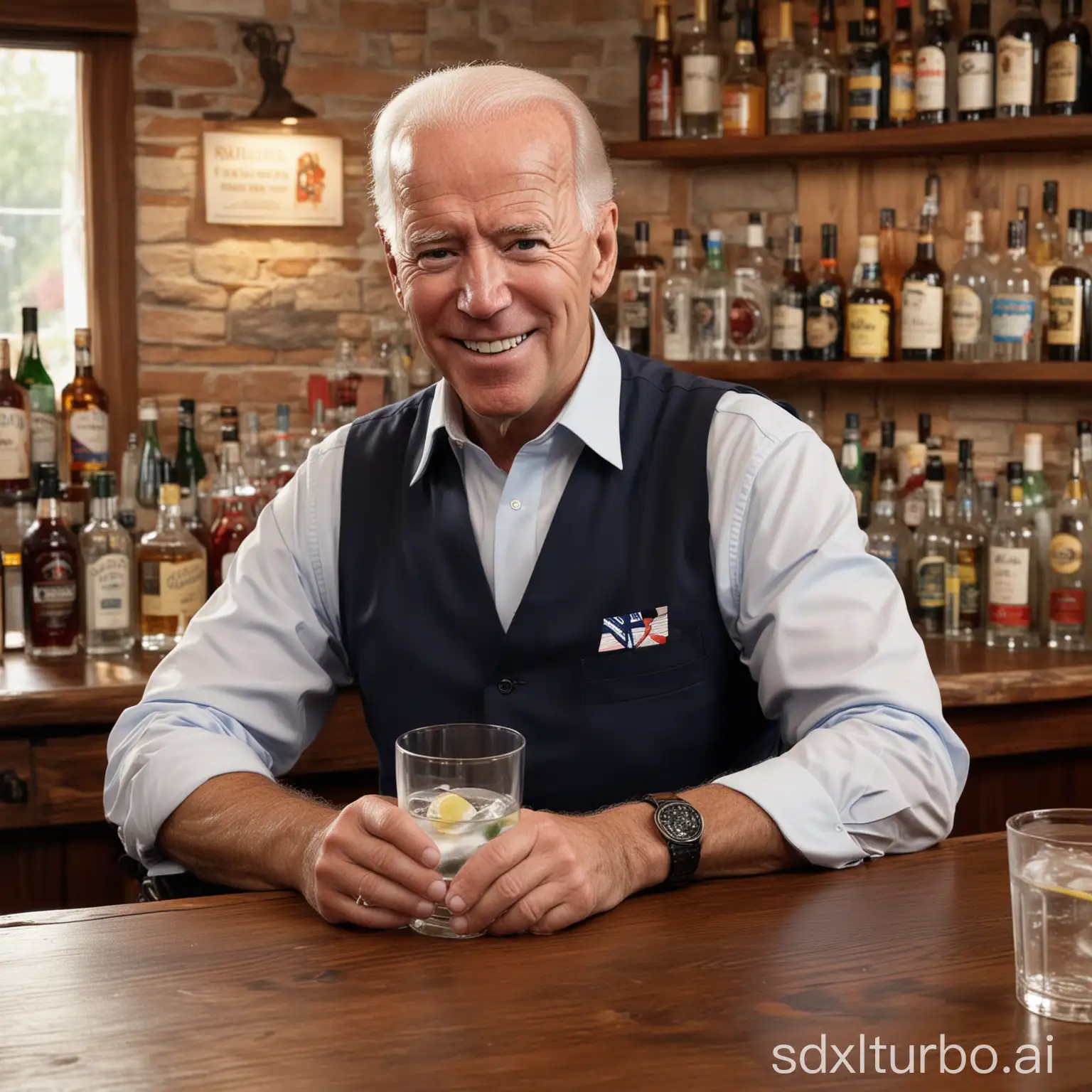 Joe Biden, the former Vice President of the United States, sitting at a bar. He is wearing a vest and a shirt, and he is smiling as he enjoys his drink. The man is holding a glass of gin tonic, which is a popular cocktail made with gin, tonic water, and a slice of lemon. He got TWO GINTONIC next to him ONE IN HIS HAND about to OUT DRINK his COMPETITION IN A WESTERN SHOOTOUT STYLE DRINK OFF under the table, Party, Western, Presidential, 8k, photorealistic

The bar is well-stocked with numerous bottles of various liquors displayed on shelves behind the man.