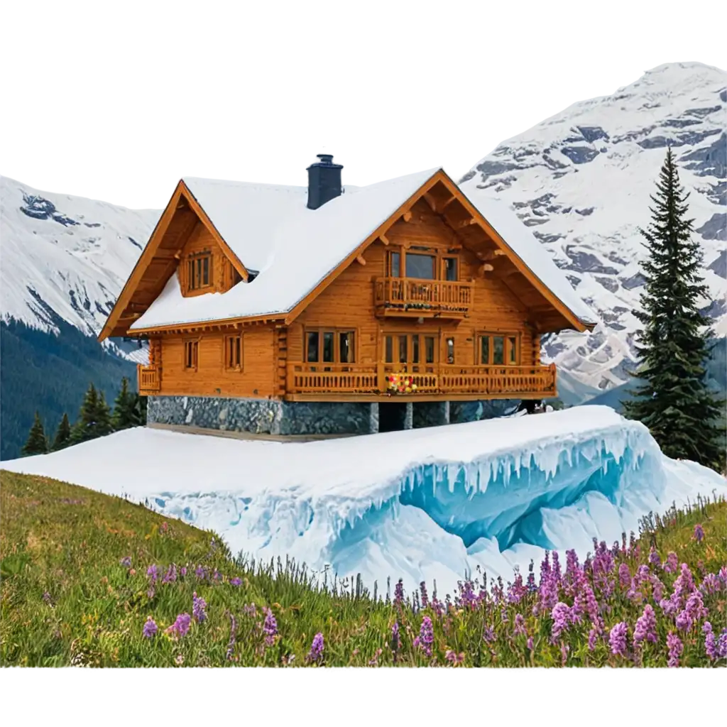 Big house near ice mountain with beautiful flower