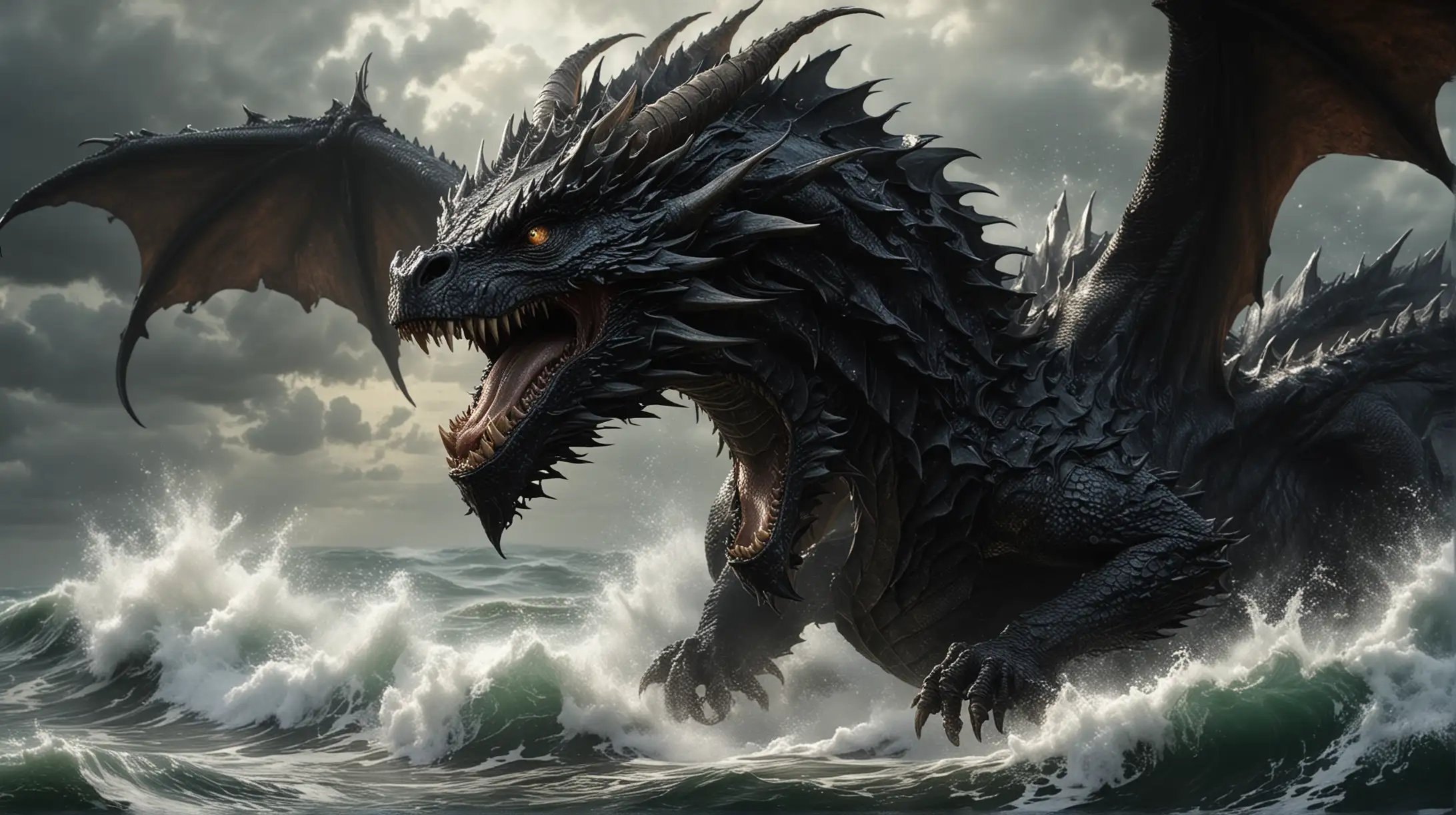 Portrait of a great chaotic dragon, majestic, massive, captivating, black, high quality hyperrealistic 8K Ultra HD, The dragon is depicted flying above a raging sea, his features bathed in soft and diffuse light that accentuates the delicate nuances of his expression. The artist, inspired by the precision of Sargent.